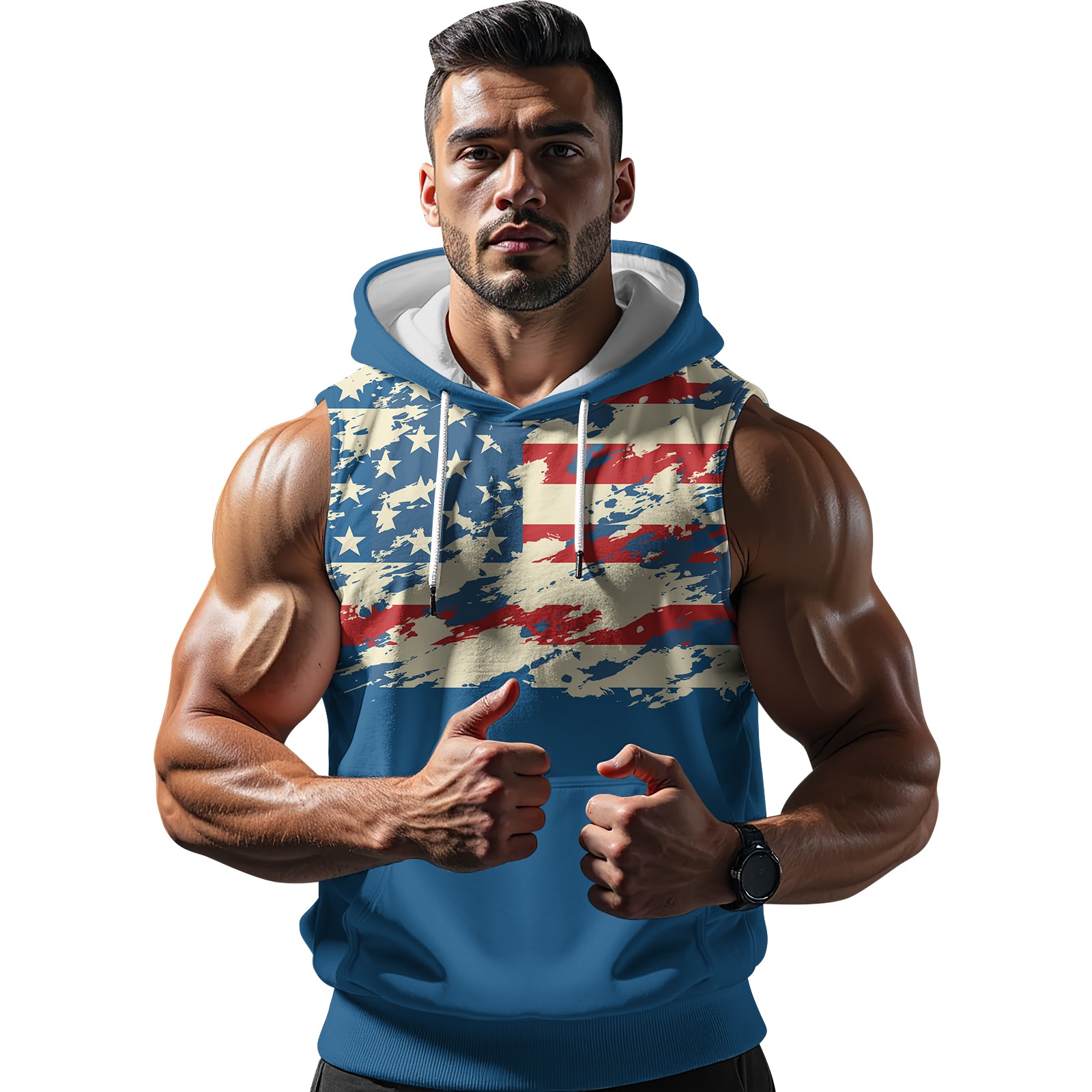 Rashninja American Flag Patriotic Men's Sleeveless Gym Hoodie