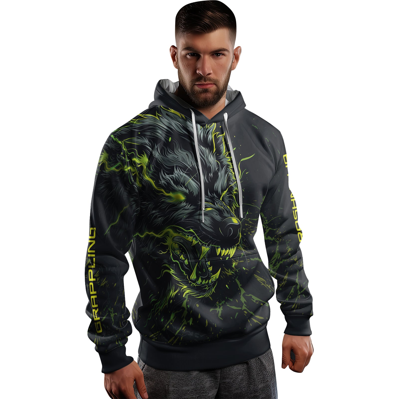 Rashninja Neon Snarling Wolf AOP Hoodie | Wolf Hoodies For Men