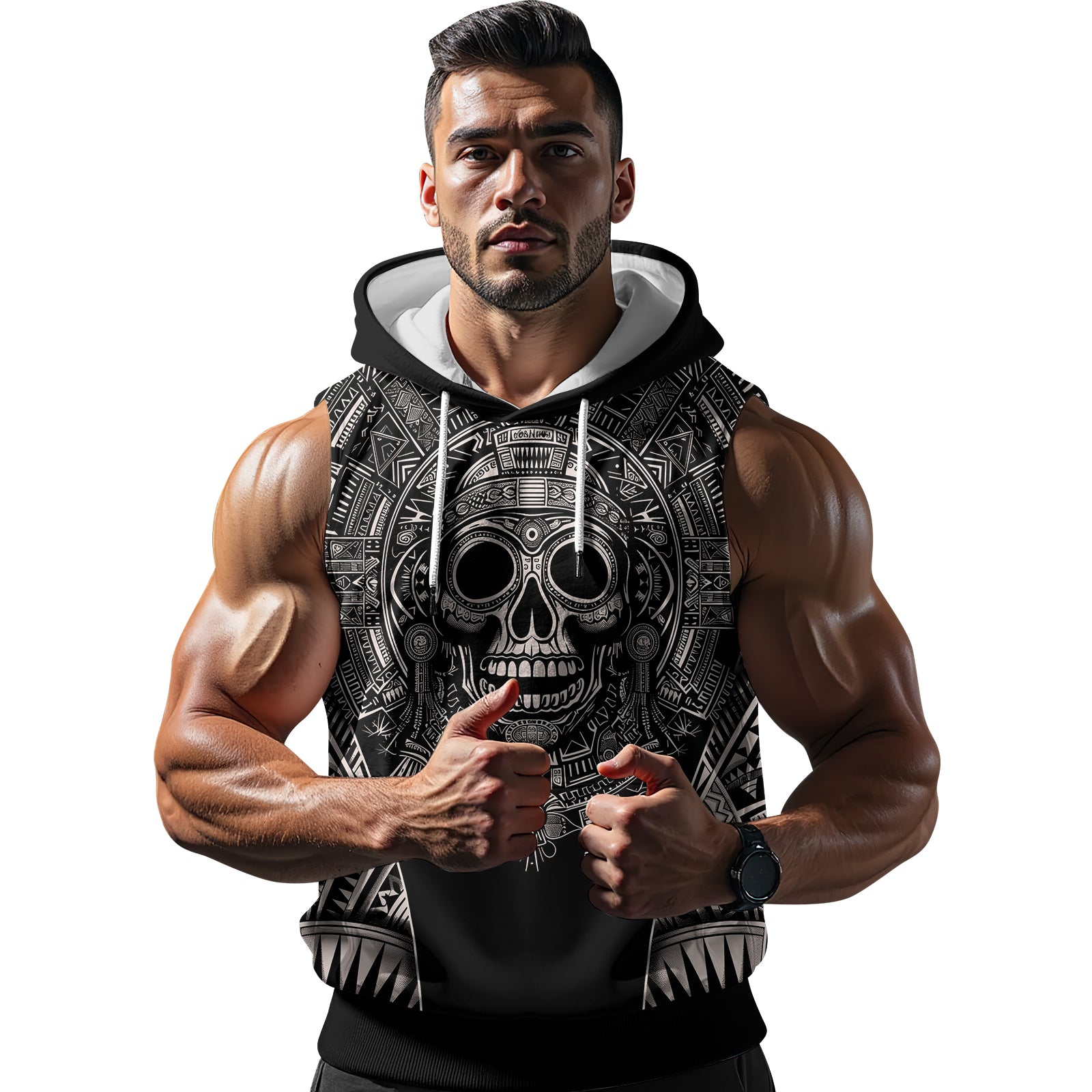 Rashninja Aztec Tribe Warrior Cranium Men's Sleeveless Gym Hoodie