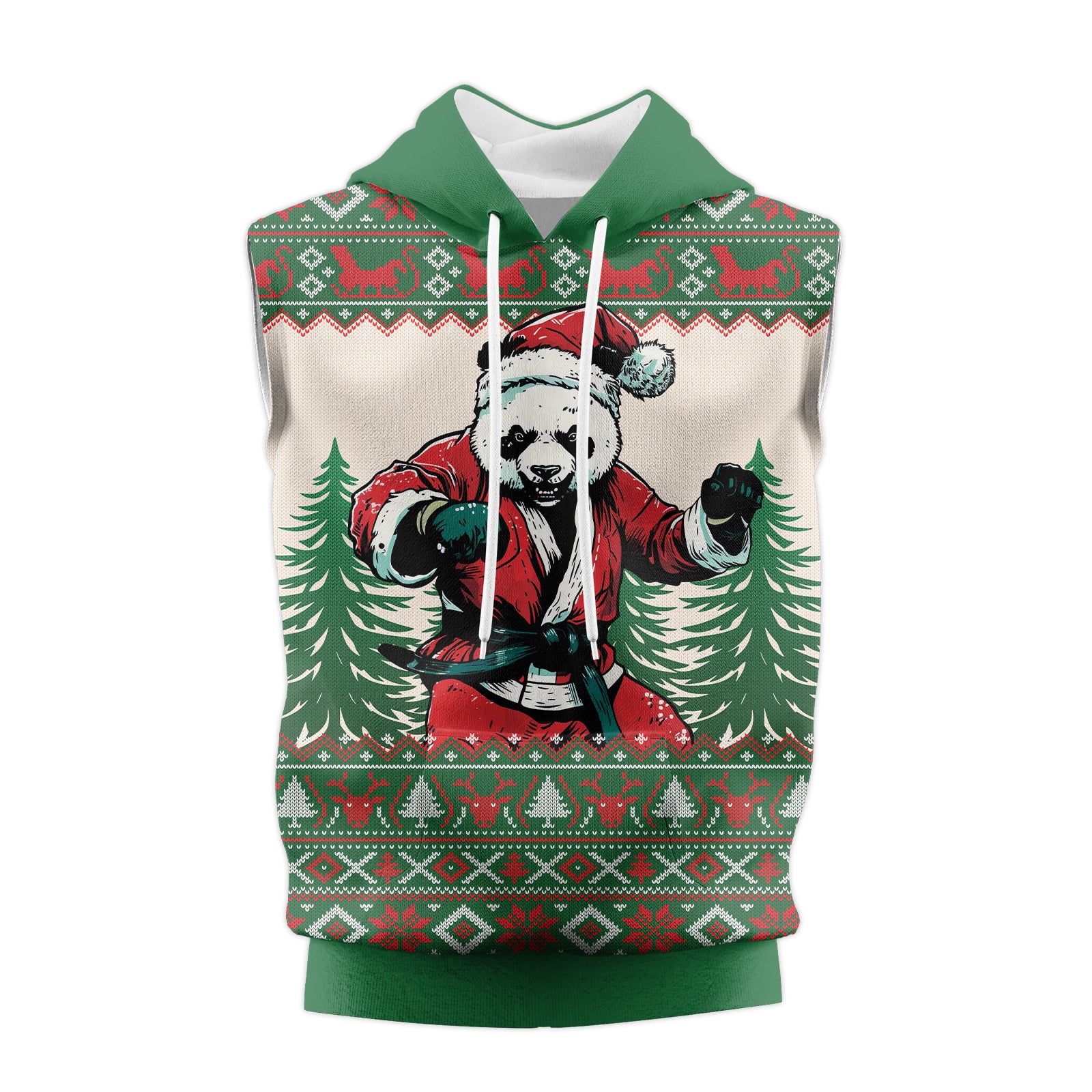 Rashninja Green Christmas Panda Kung Fu Men's Sleeveless Gym Hoodie