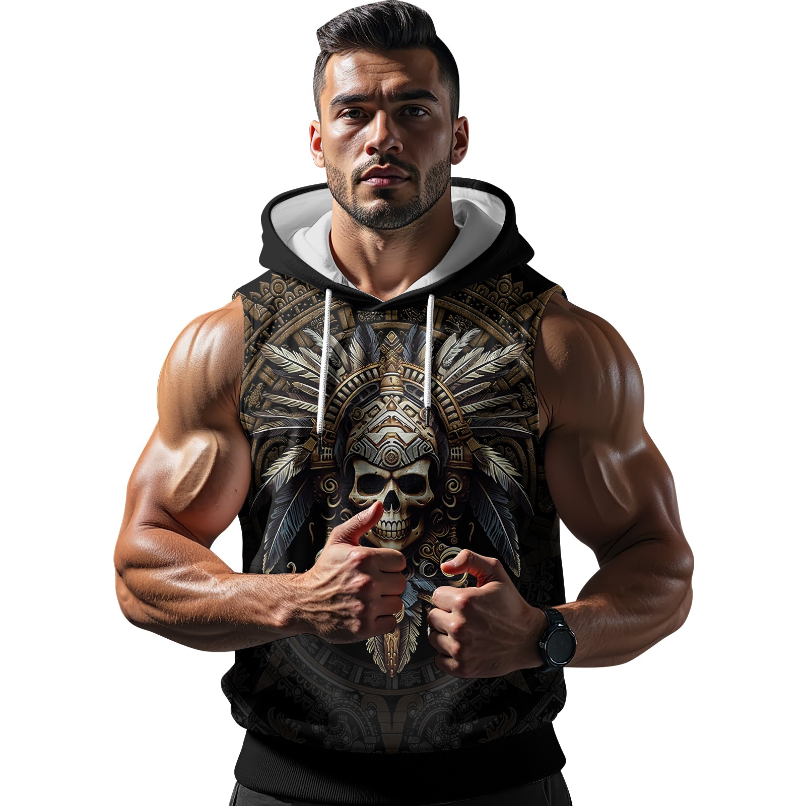 Rashninja Aztec Tribe Headman Skull Men's Sleeveless Gym Hoodie