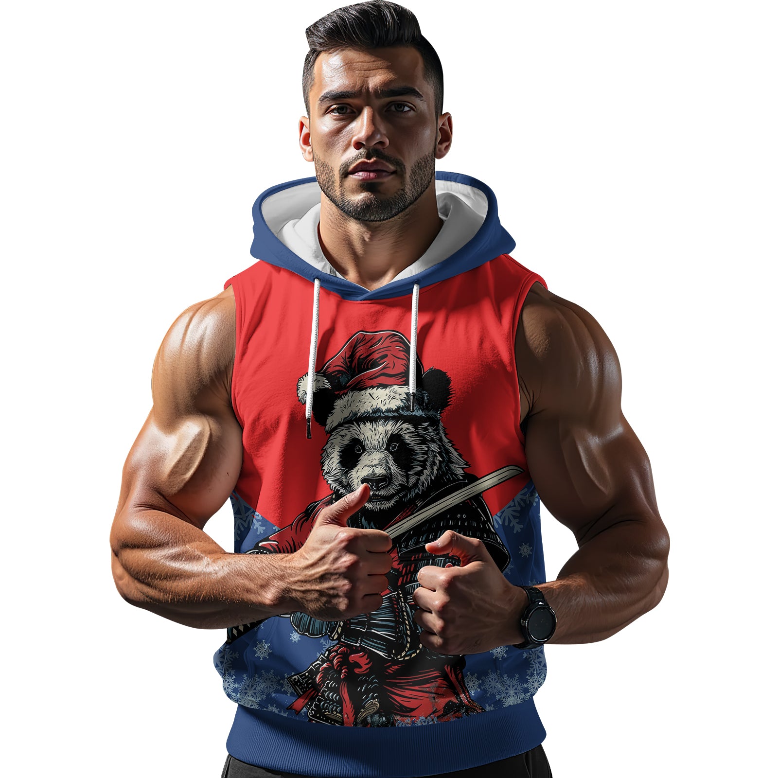 Rashninja Blue Samurai Christmas Panda Men's Sleeveless Gym Hoodie