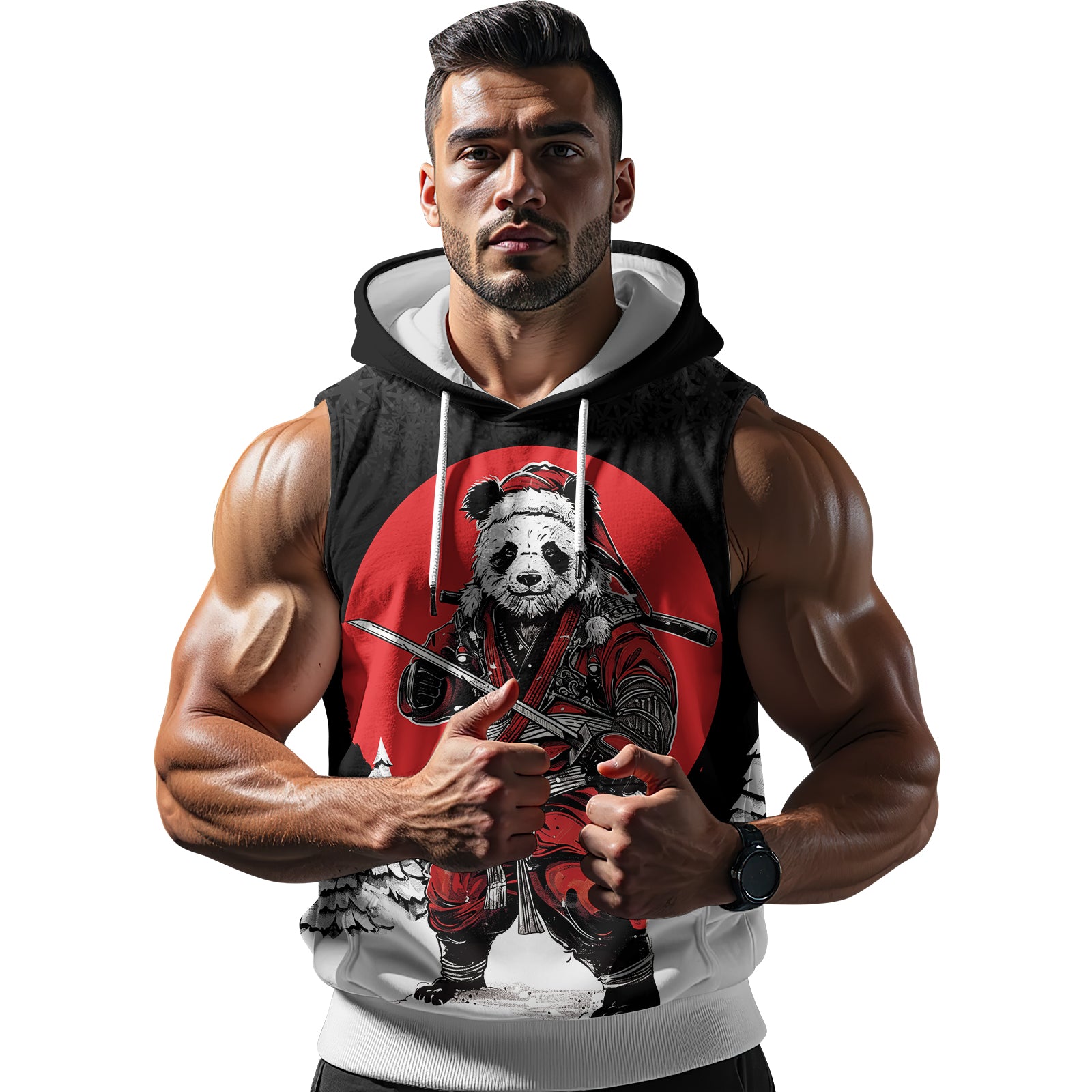 Rashninja Black Samurai Christmas Panda Men's Sleeveless Gym Hoodie