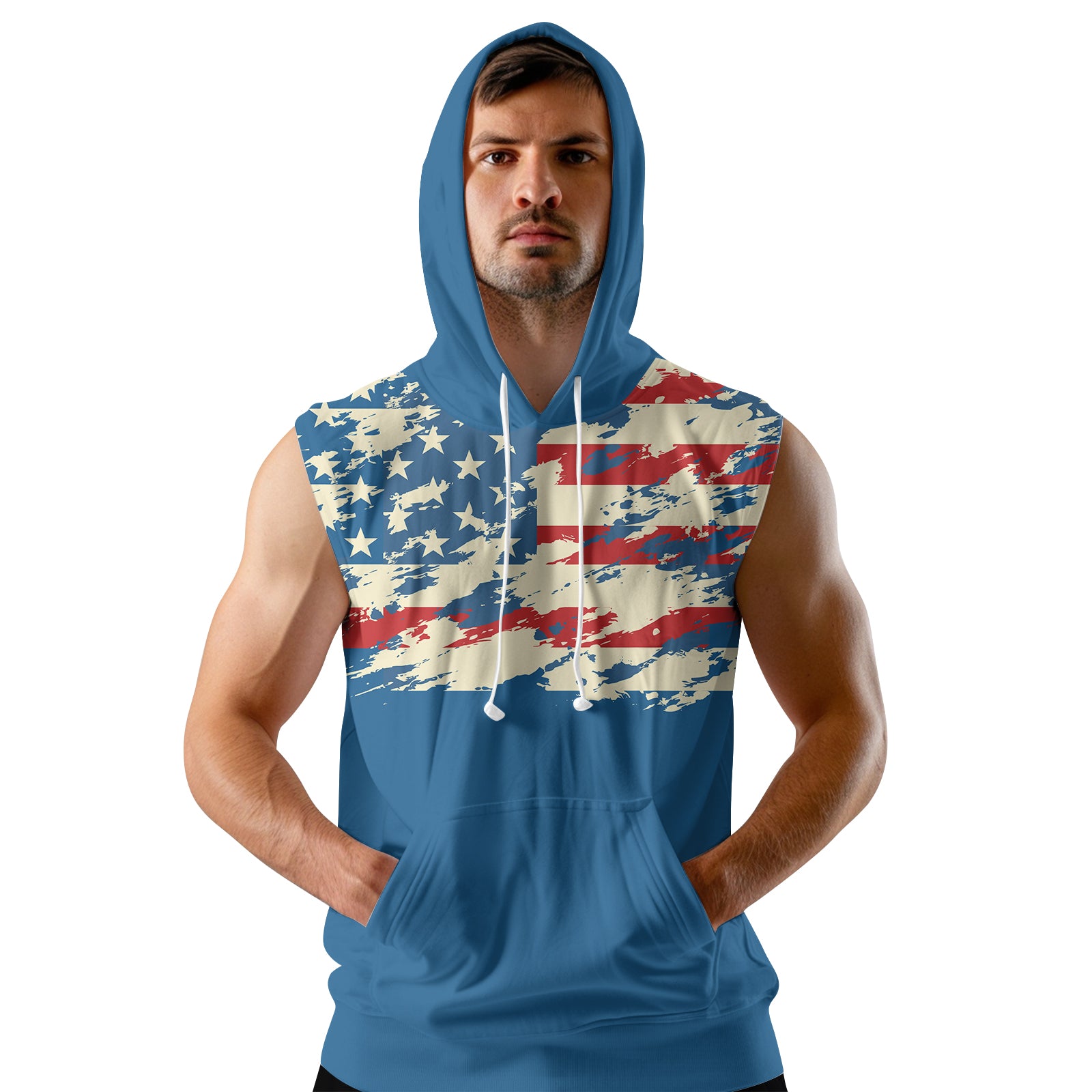 Rashninja American Flag Patriotic Men's Sleeveless Gym Hoodie