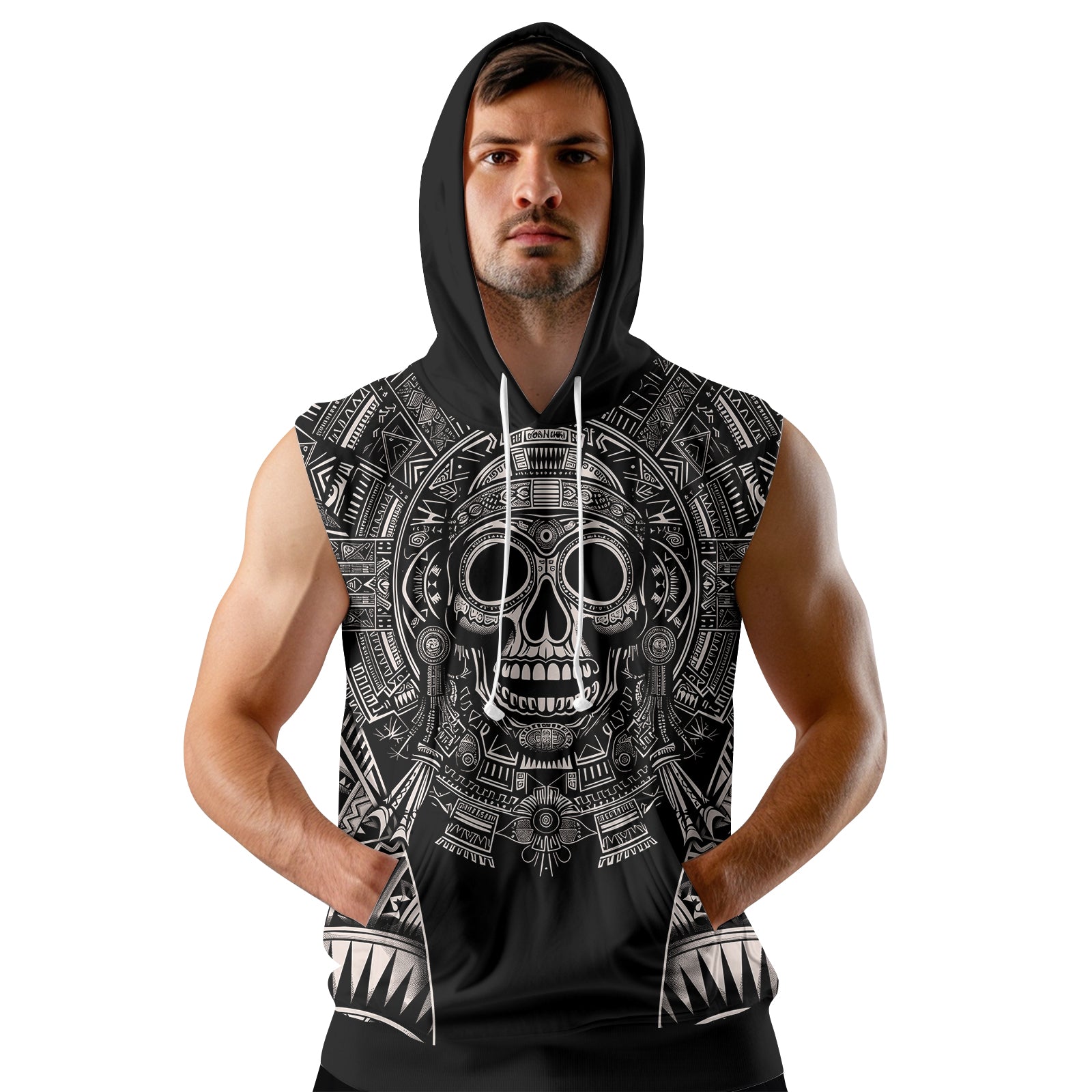 Rashninja Aztec Tribe Warrior Cranium Men's Sleeveless Gym Hoodie