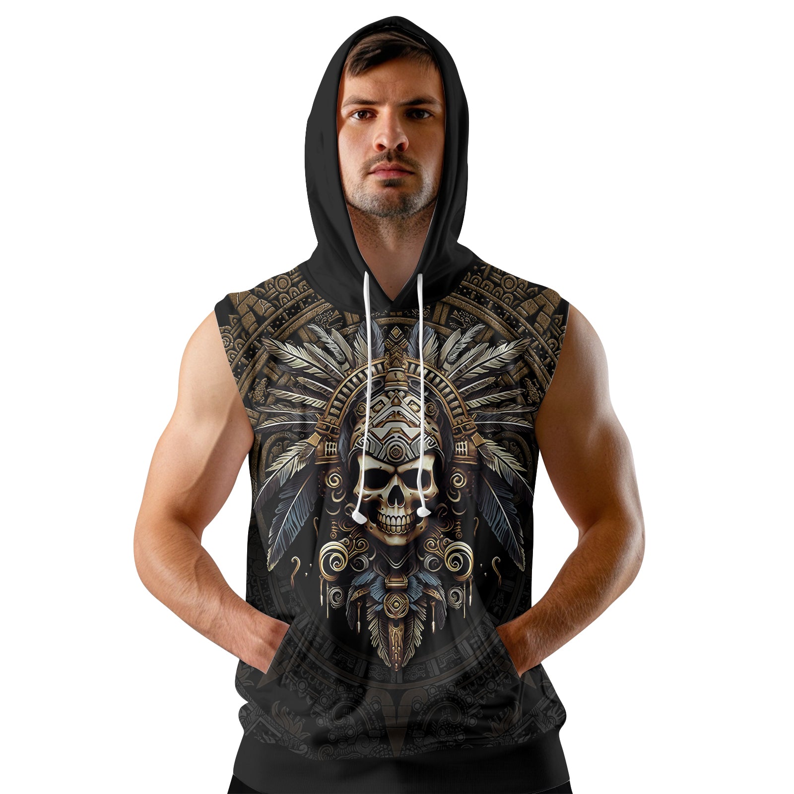 Rashninja Aztec Tribe Headman Skull Men's Sleeveless Gym Hoodie