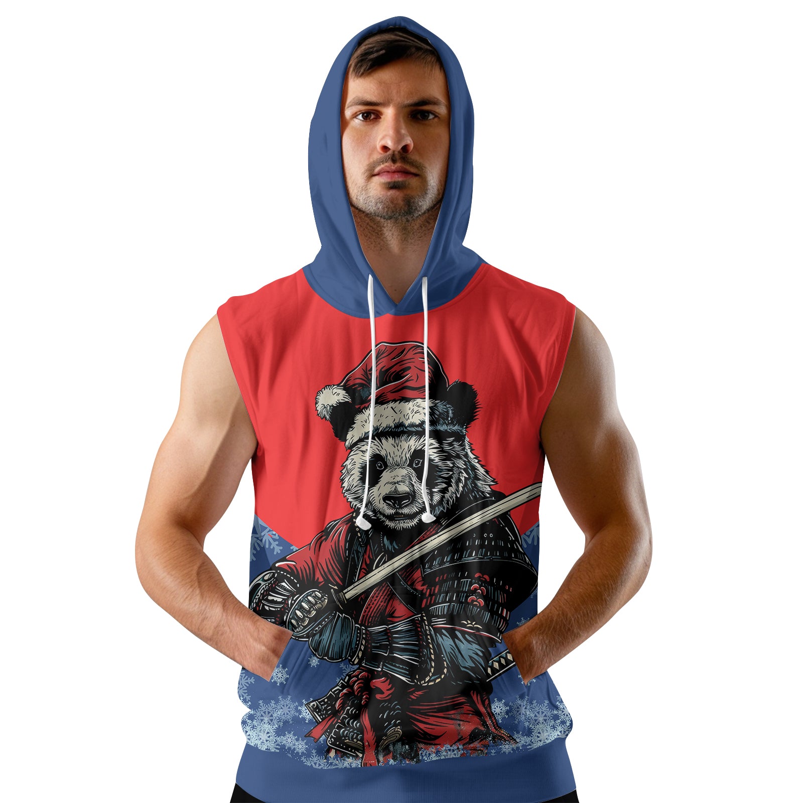 Rashninja Blue Samurai Christmas Panda Men's Sleeveless Gym Hoodie