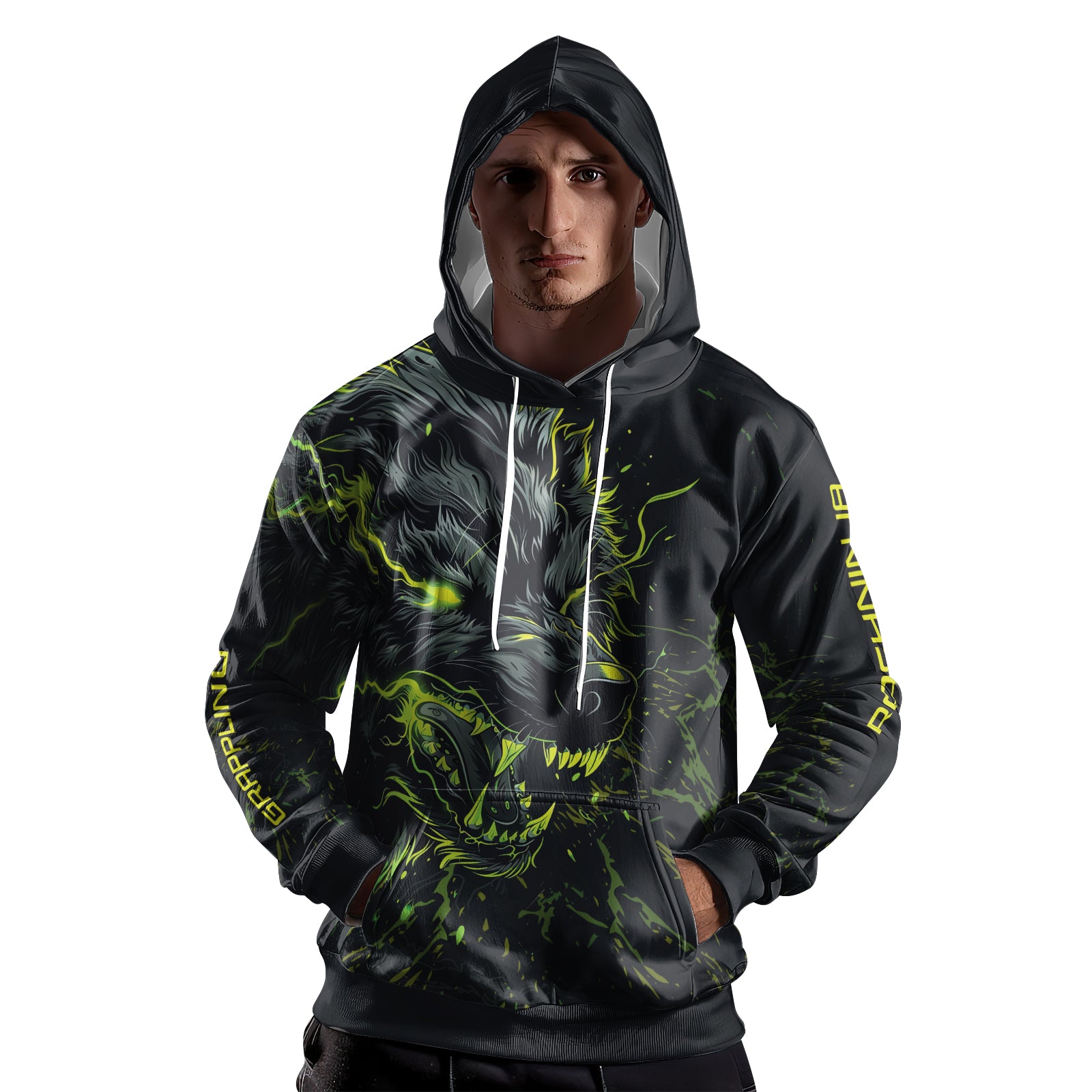 Rashninja Neon Snarling Wolf AOP Hoodie | Wolf Hoodies For Men