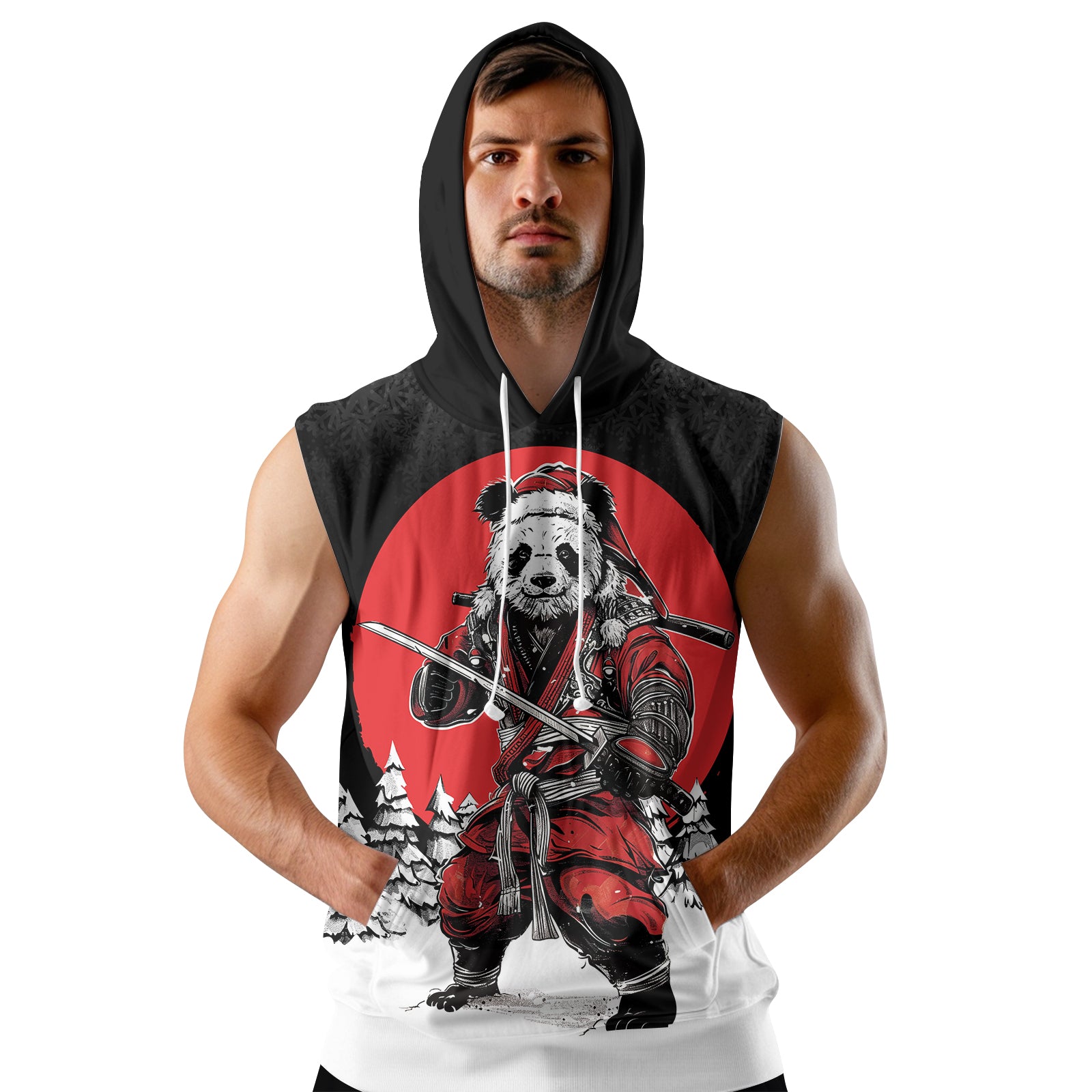 Rashninja Black Samurai Christmas Panda Men's Sleeveless Gym Hoodie