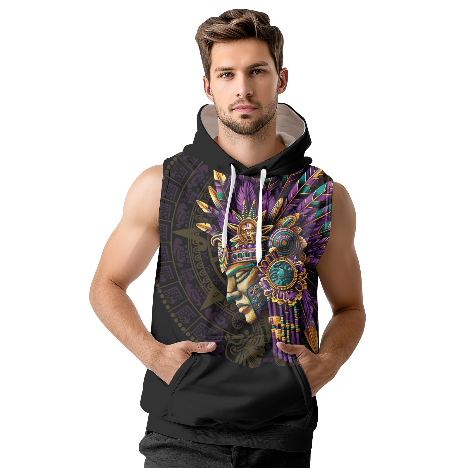 Rashninja Aztec Purple Tribe Headman Men's Sleeveless Gym Hoodie