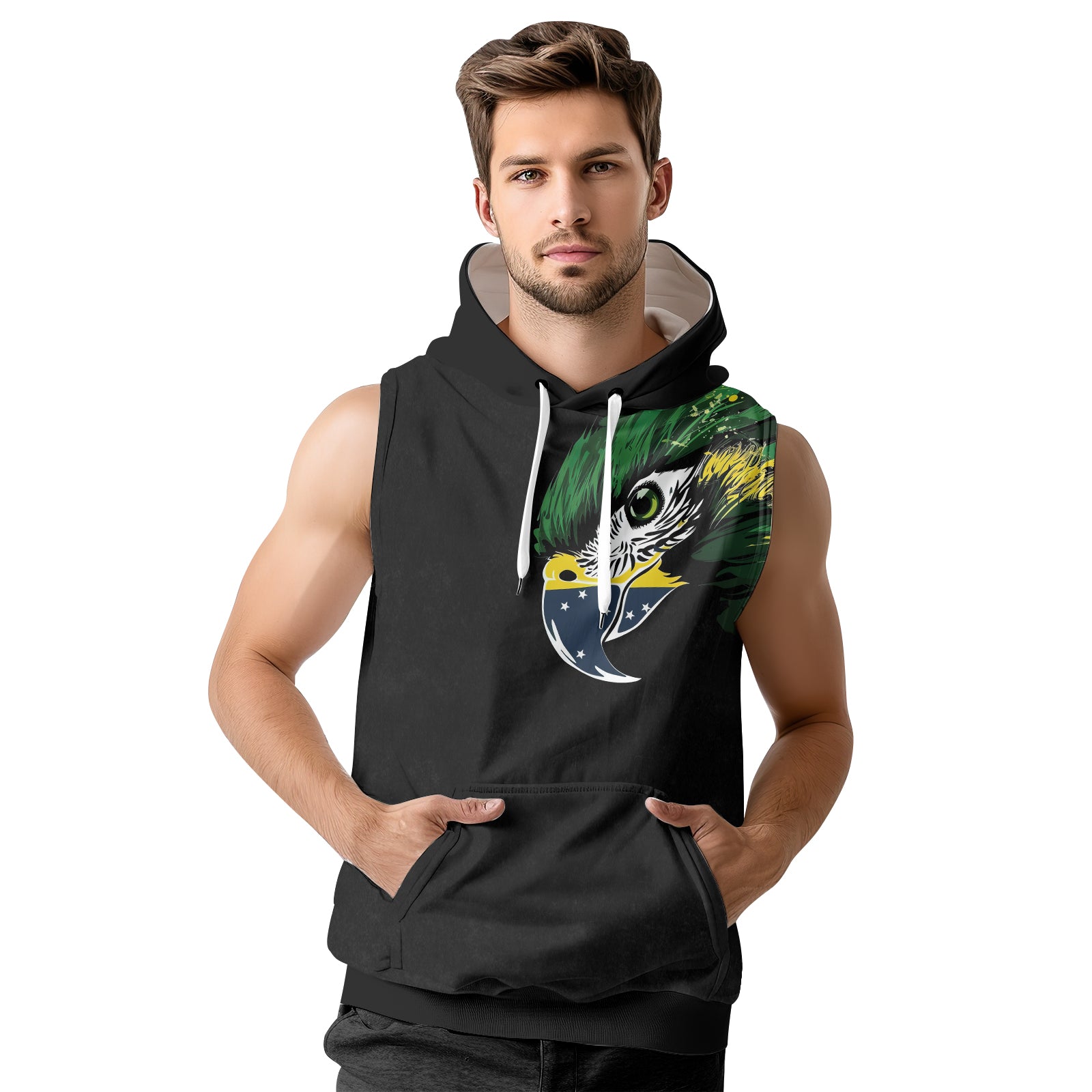 Rashninja Bird Warrior with Brazil Flag Men's Sleeveless Gym Hoodie