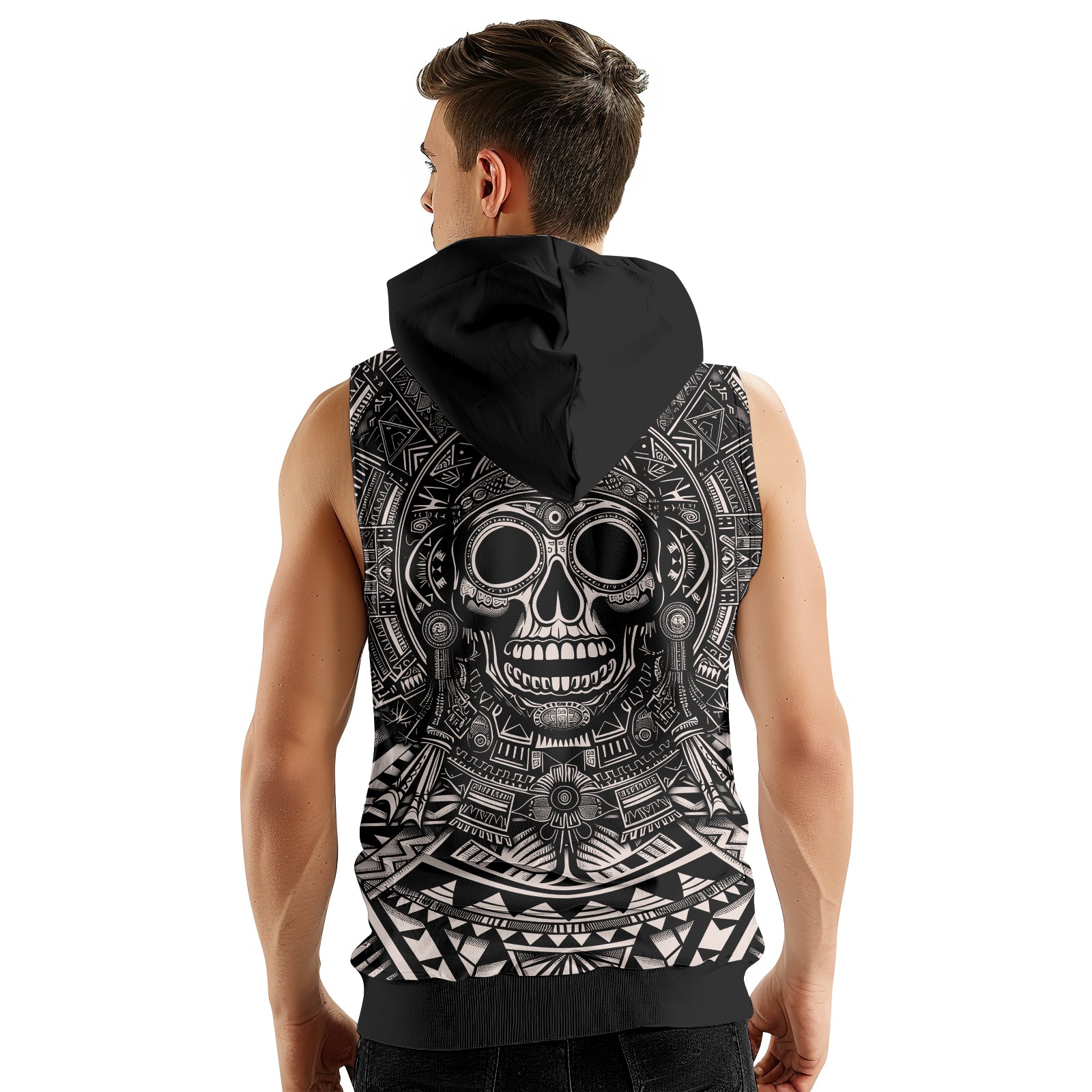 Rashninja Aztec Tribe Warrior Cranium Men's Sleeveless Gym Hoodie