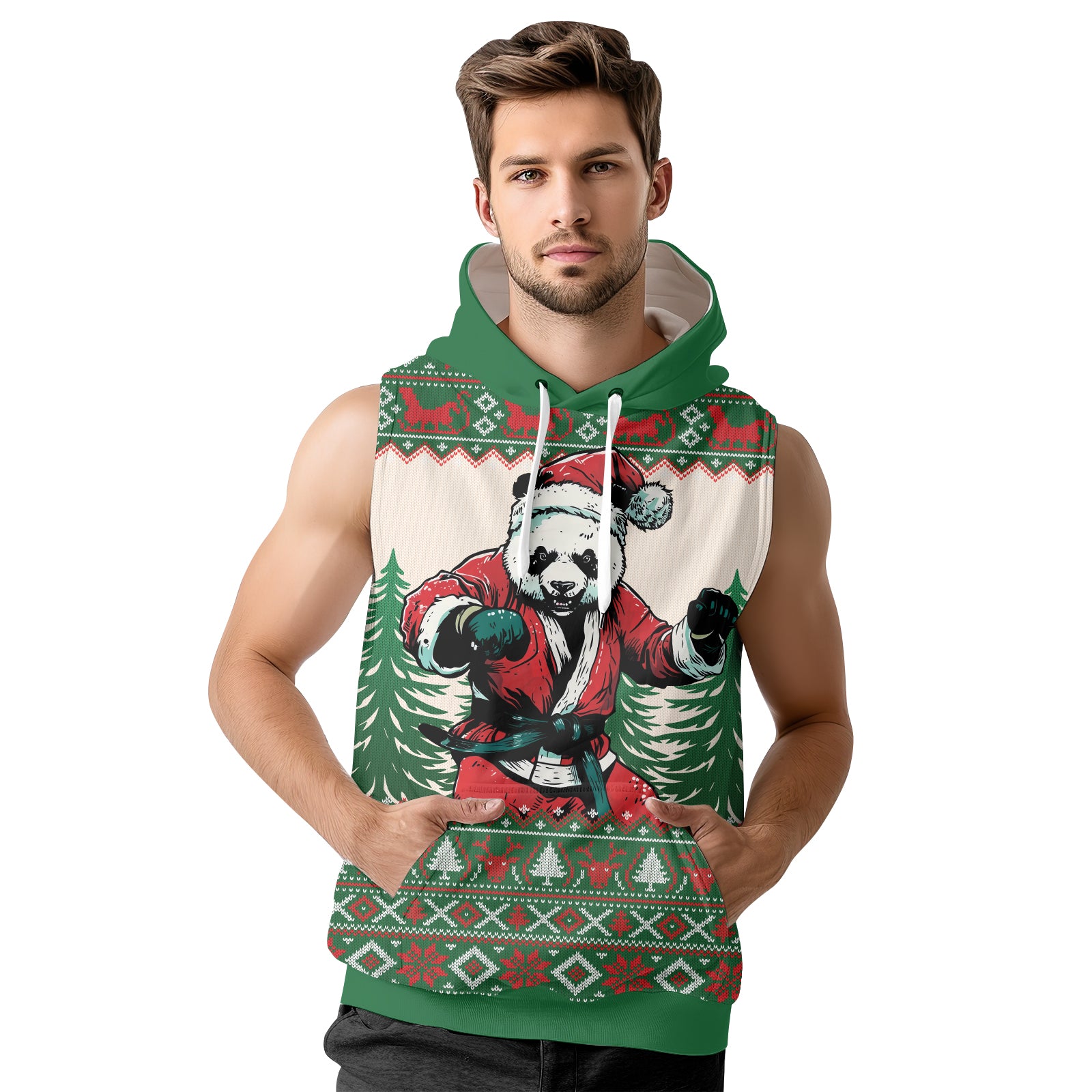 Rashninja Green Christmas Panda Kung Fu Men's Sleeveless Gym Hoodie