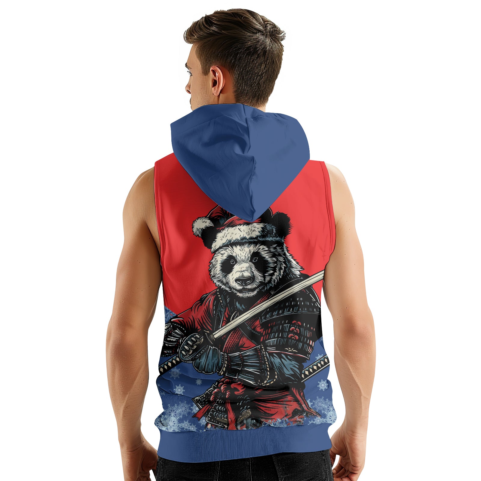 Rashninja Blue Samurai Christmas Panda Men's Sleeveless Gym Hoodie