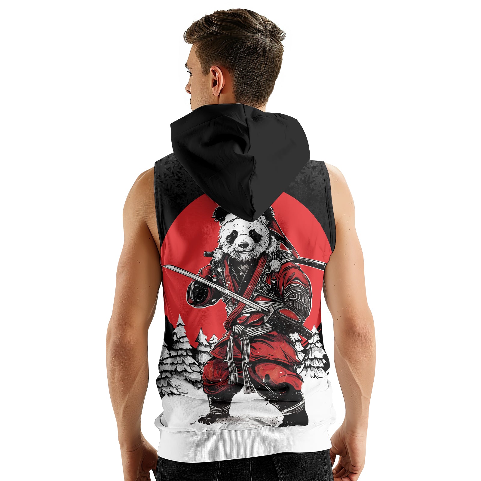 Rashninja Black Samurai Christmas Panda Men's Sleeveless Gym Hoodie