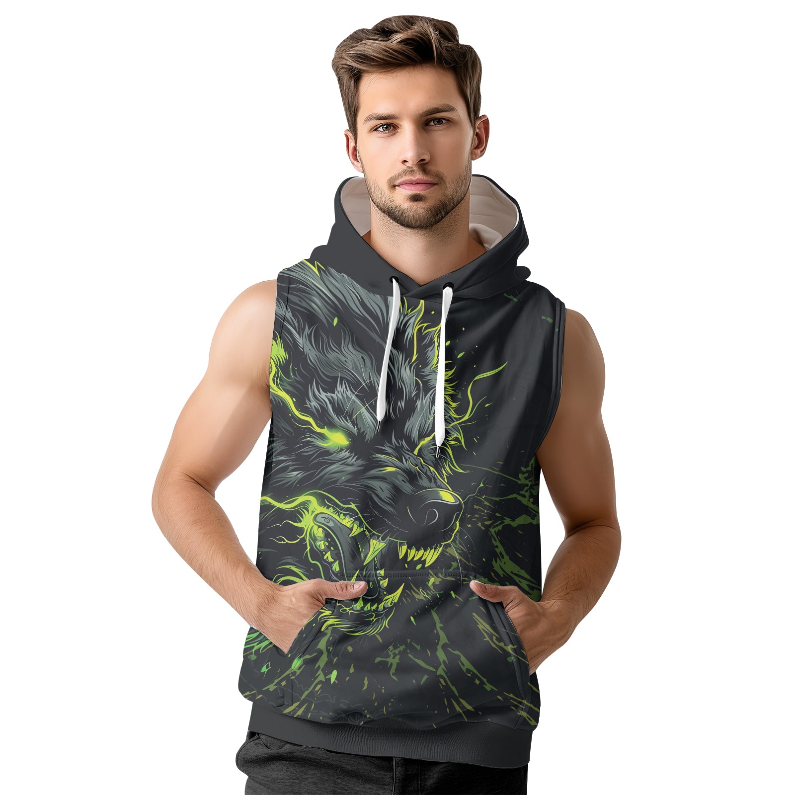 Rashninja Neon Snarling Wolf Sleeveless Hoodie | MMA Sleeveless Hoodie