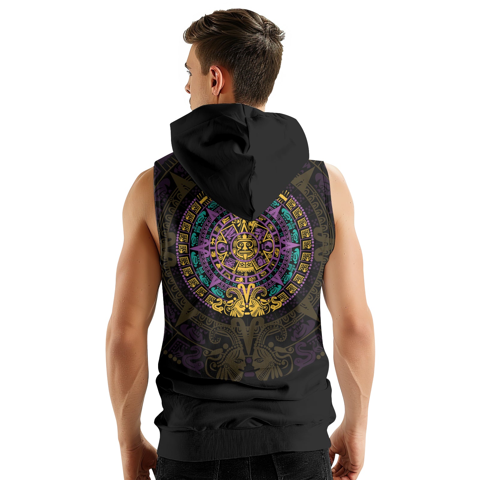 Rashninja Aztec Purple Tribe Headman Men's Sleeveless Gym Hoodie