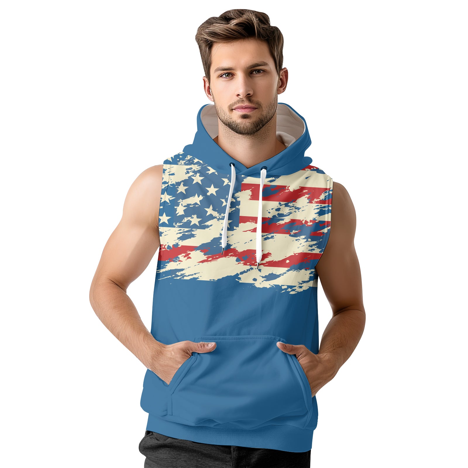 Rashninja American Flag Patriotic Men's Sleeveless Gym Hoodie