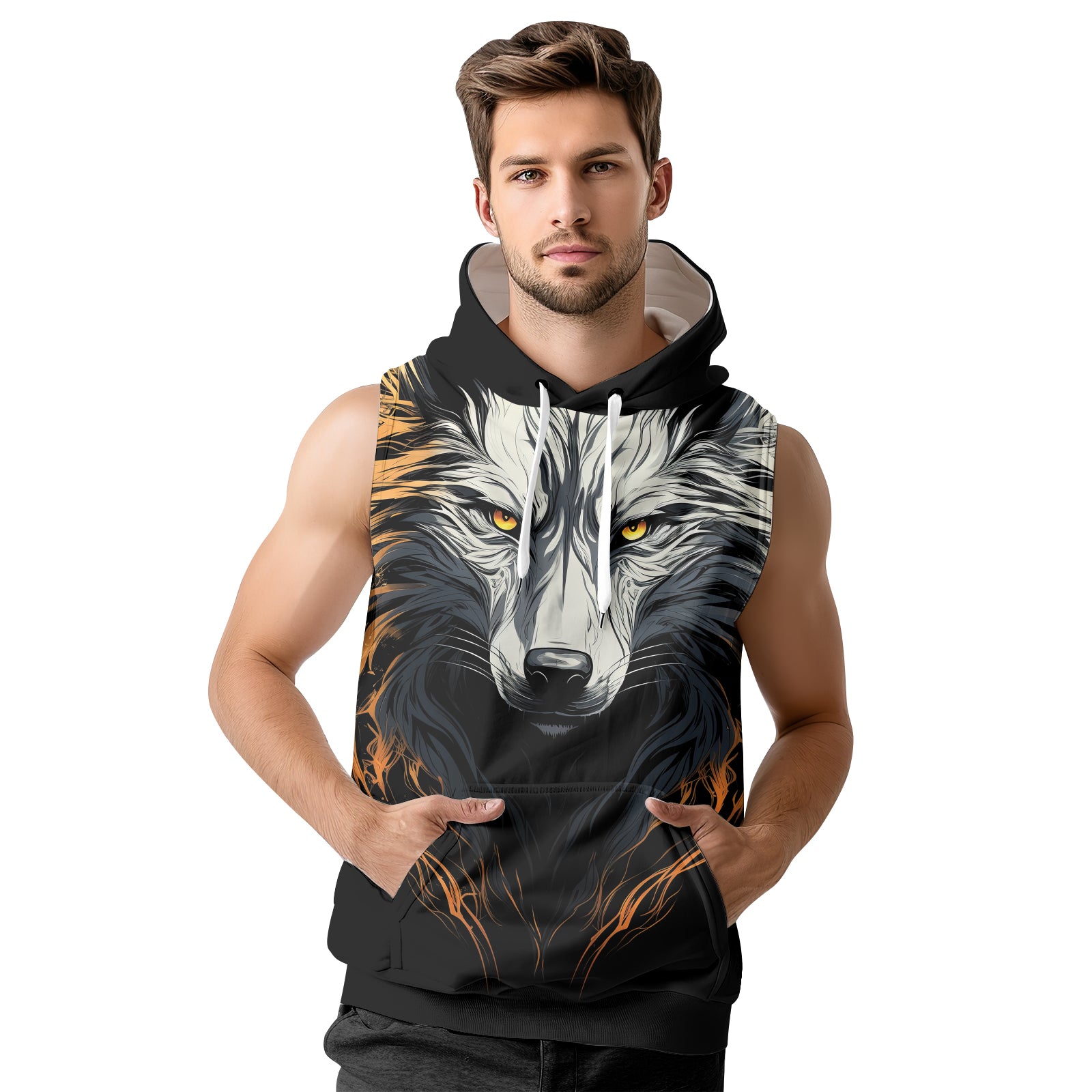 Rashninja White Alpha Wolf Sleeveless Hoodie | MMA Sleeveless Hoodie