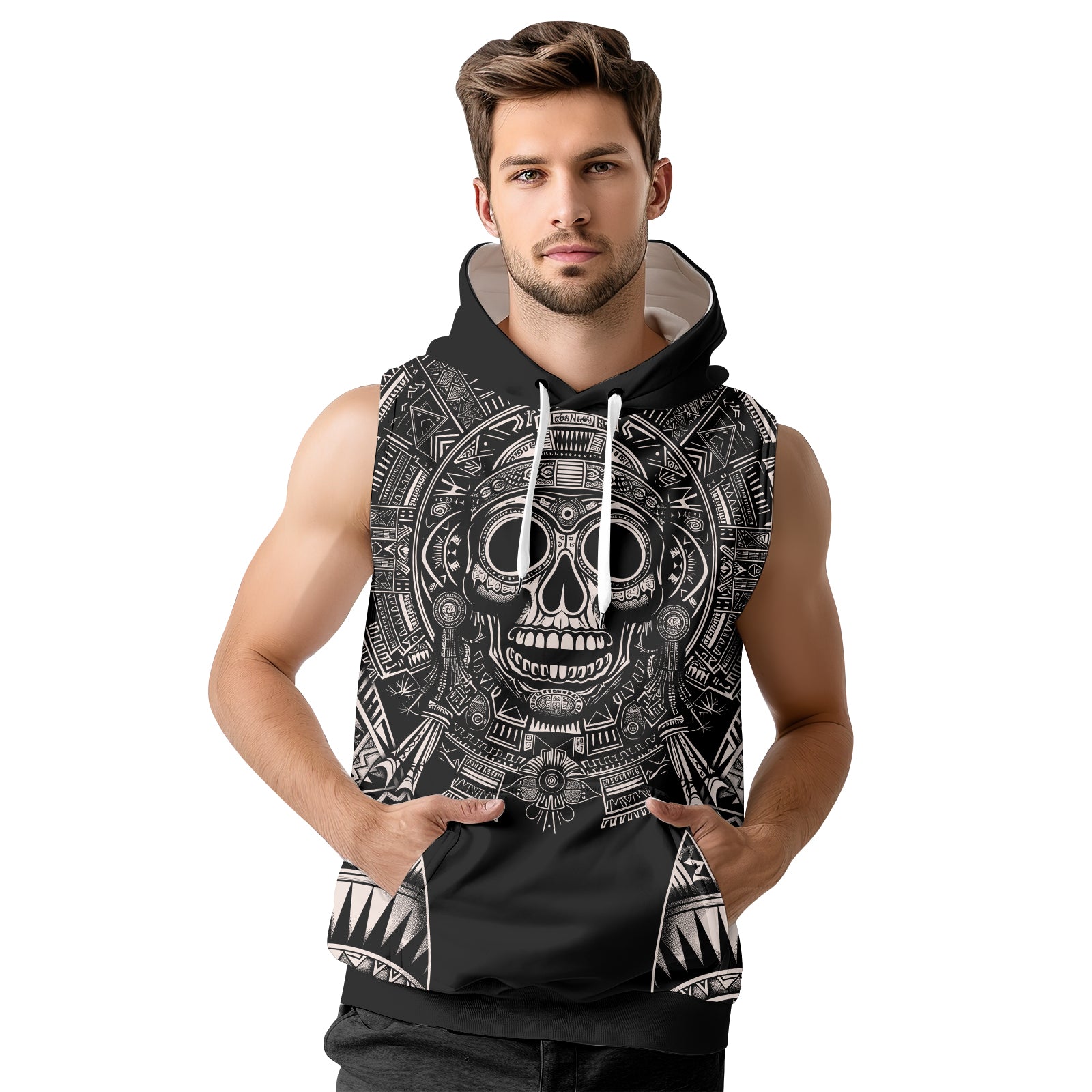 Rashninja Aztec Tribe Warrior Cranium Men's Sleeveless Gym Hoodie