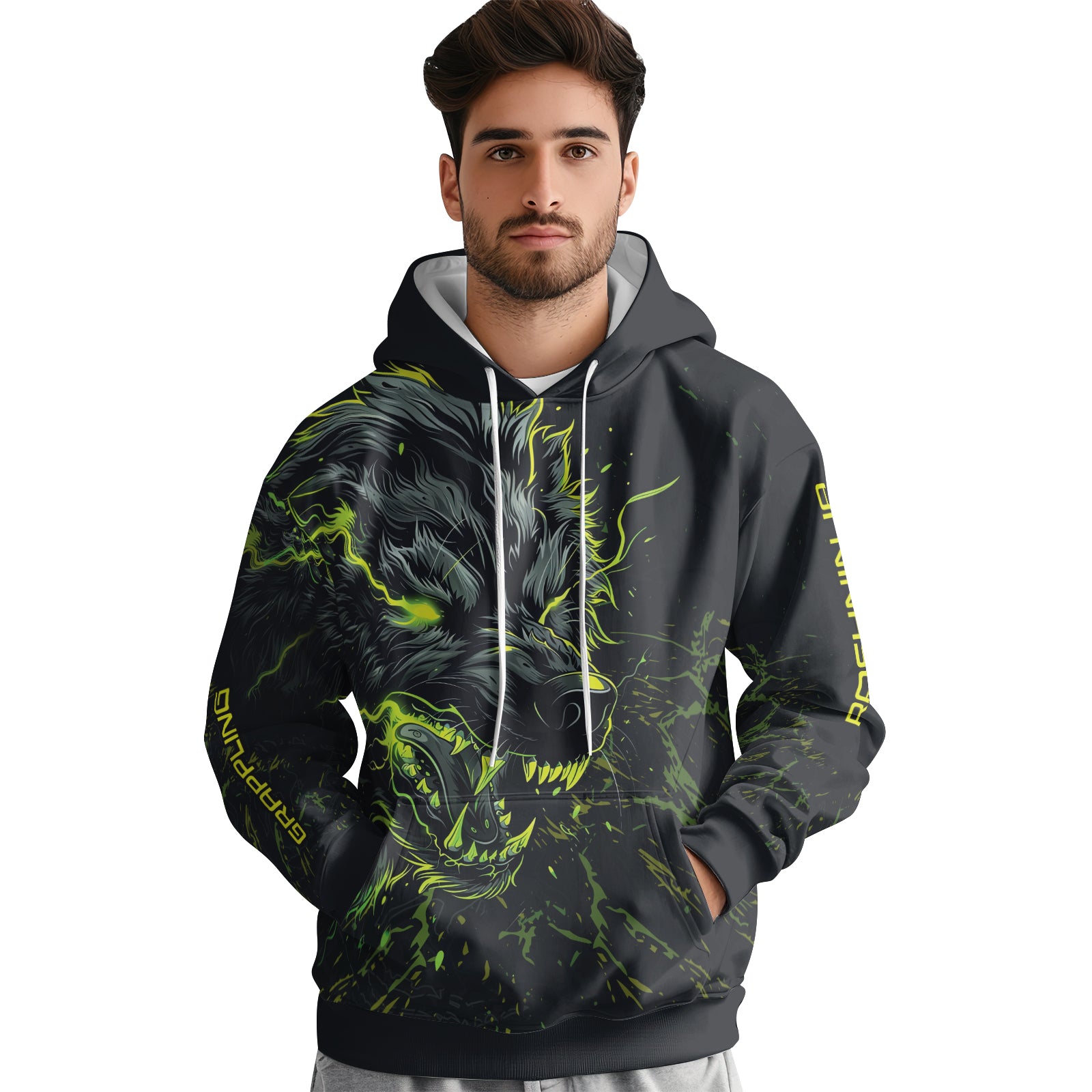 Rashninja Neon Snarling Wolf AOP Hoodie | Wolf Hoodies For Men