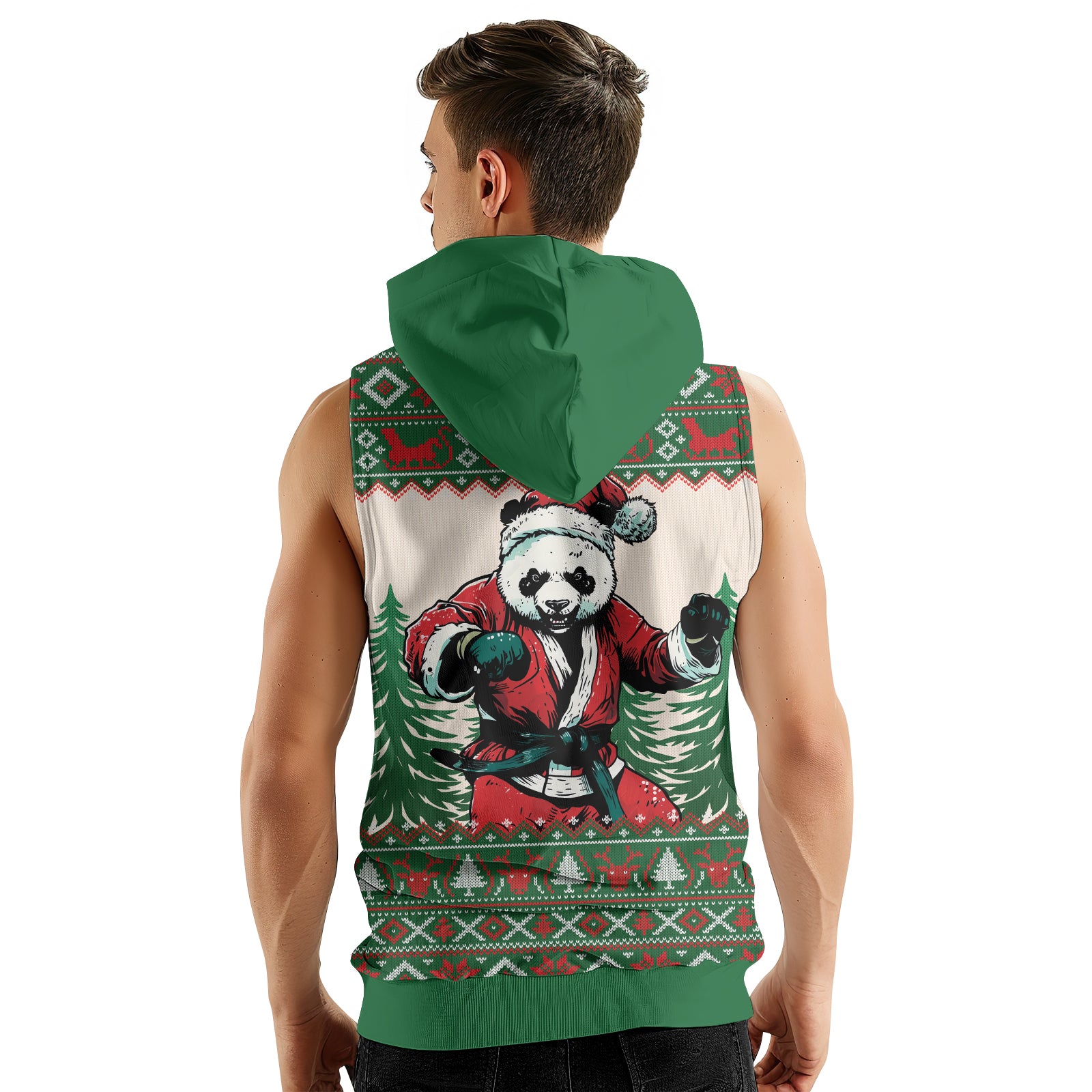 Rashninja Green Christmas Panda Kung Fu Men's Sleeveless Gym Hoodie