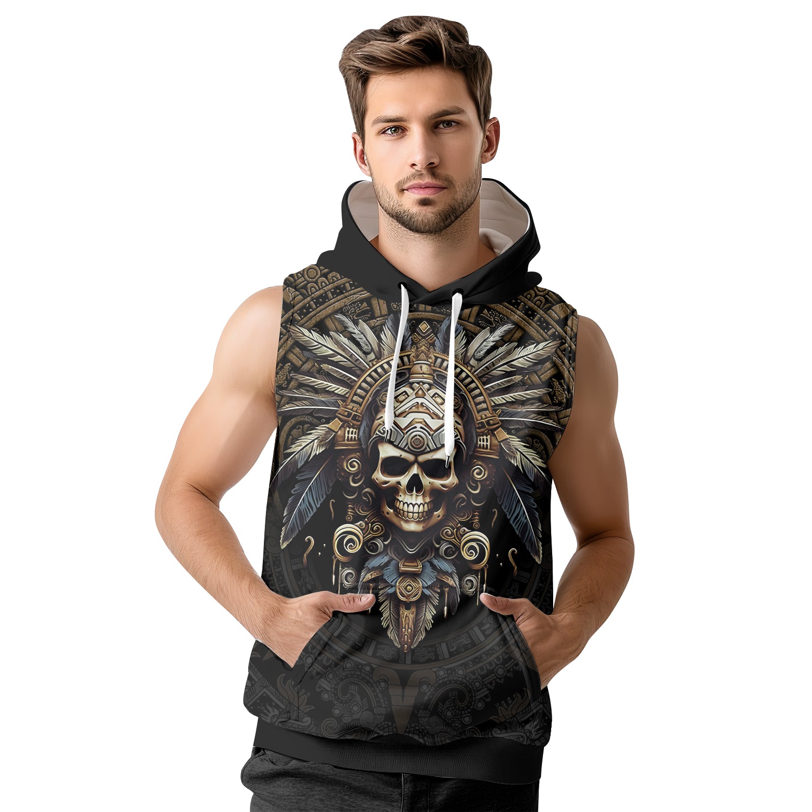 Rashninja Aztec Tribe Headman Skull Men's Sleeveless Gym Hoodie