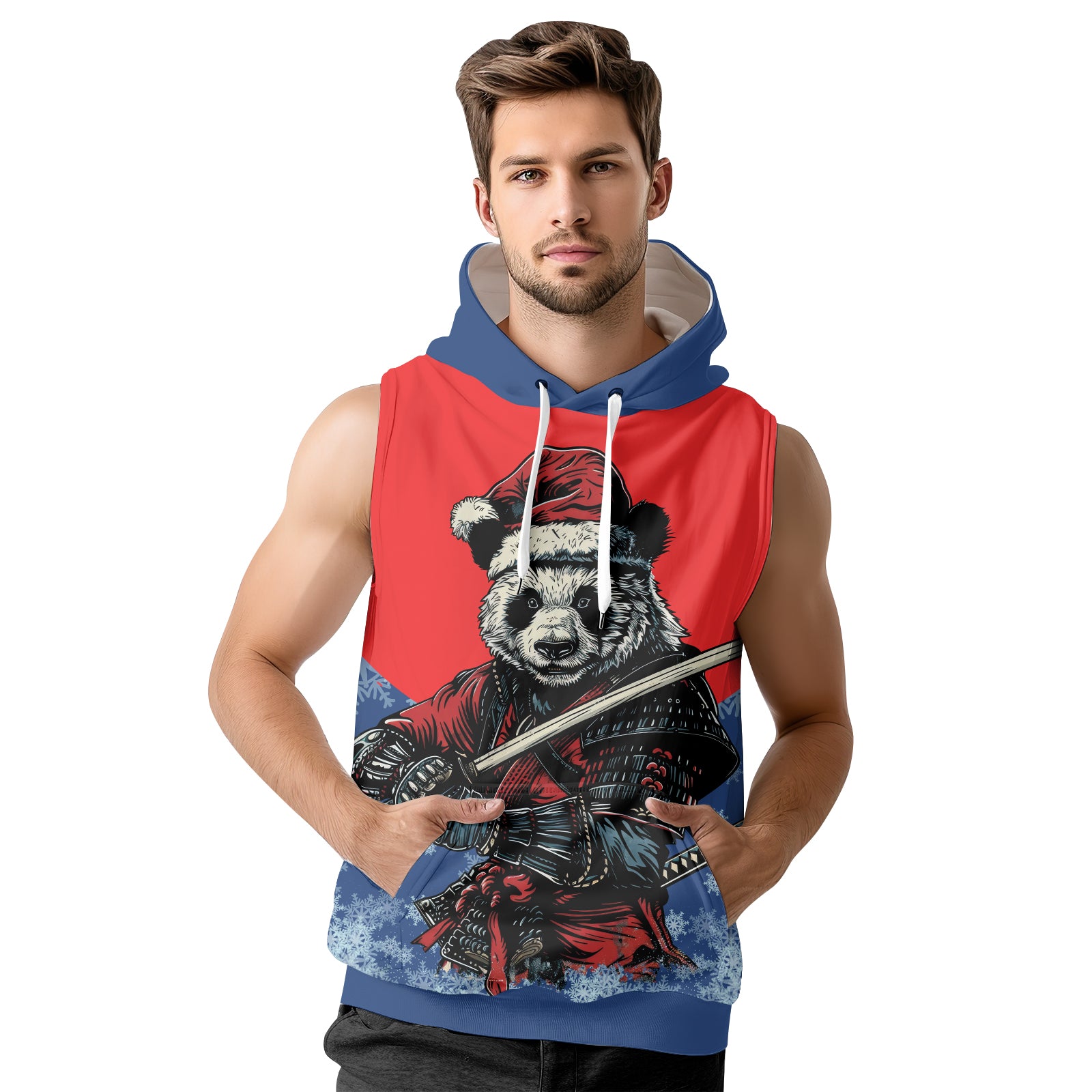 Rashninja Blue Samurai Christmas Panda Men's Sleeveless Gym Hoodie