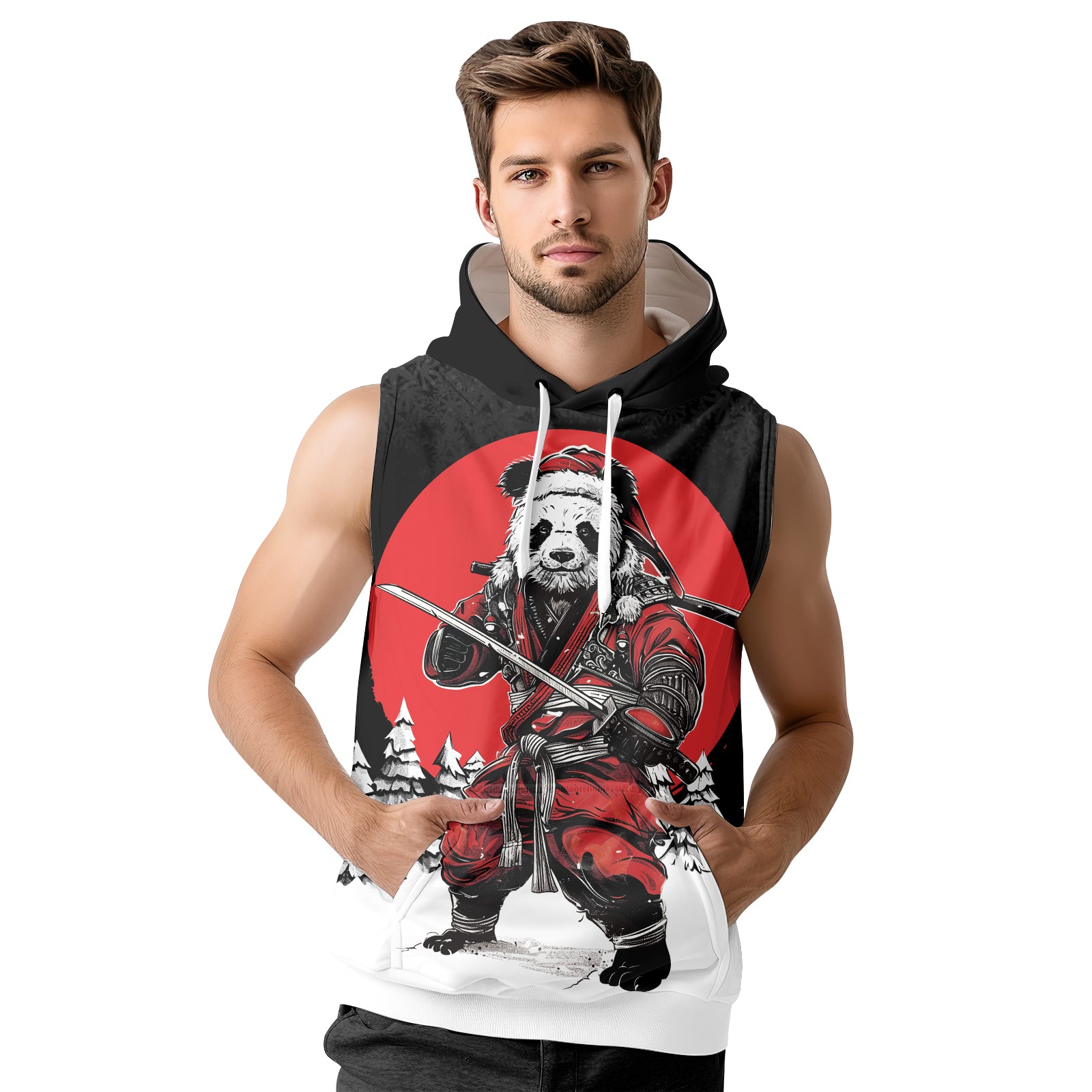 Rashninja Black Samurai Christmas Panda Men's Sleeveless Gym Hoodie