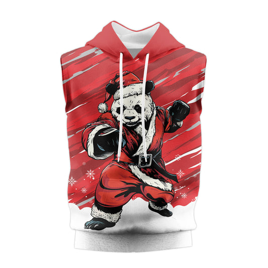 Rashninja Red Santa Panda Kung Fu Sleeveless Hoodie |Sleeveless Hoodie