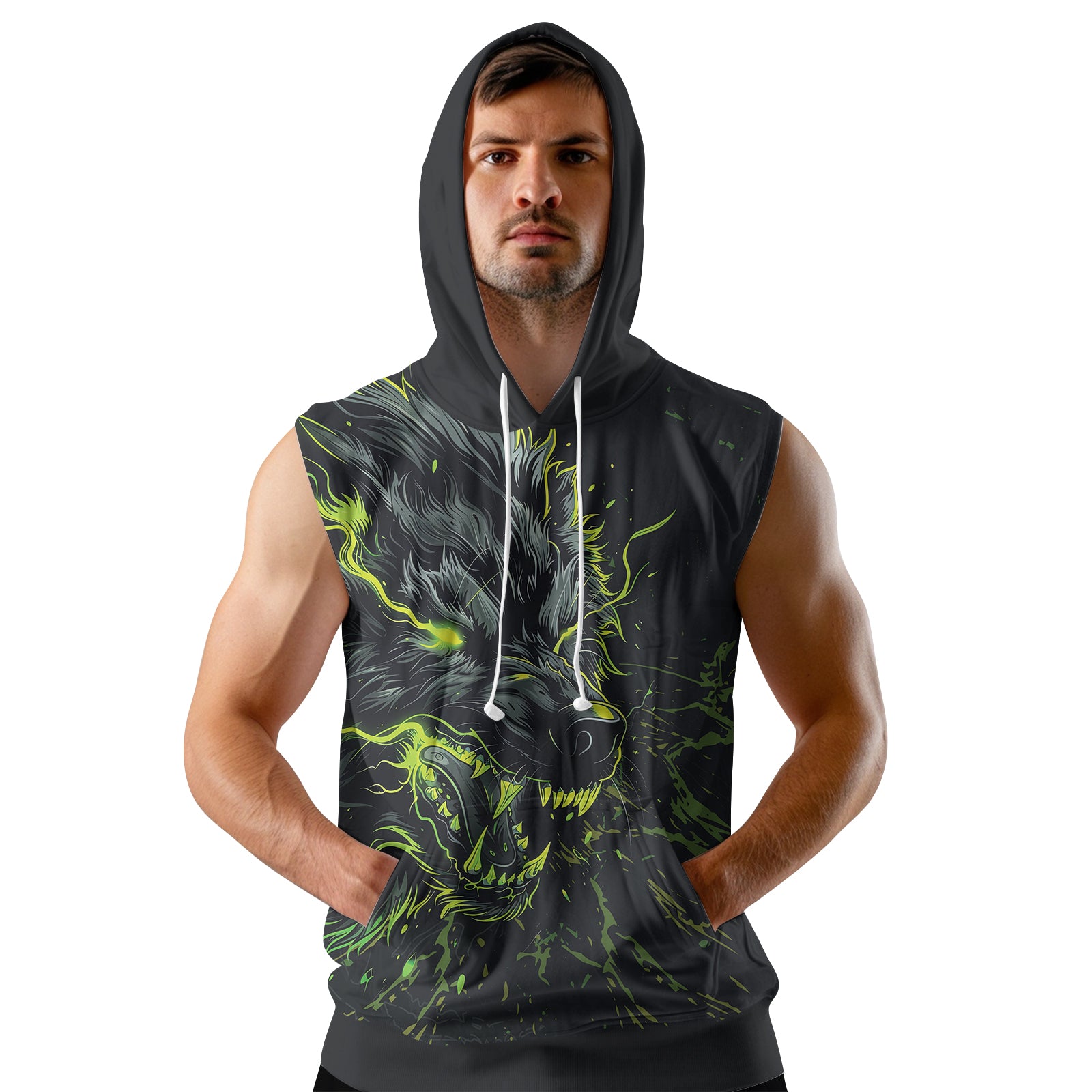 Rashninja Neon Snarling Wolf Sleeveless Hoodie | MMA Sleeveless Hoodie