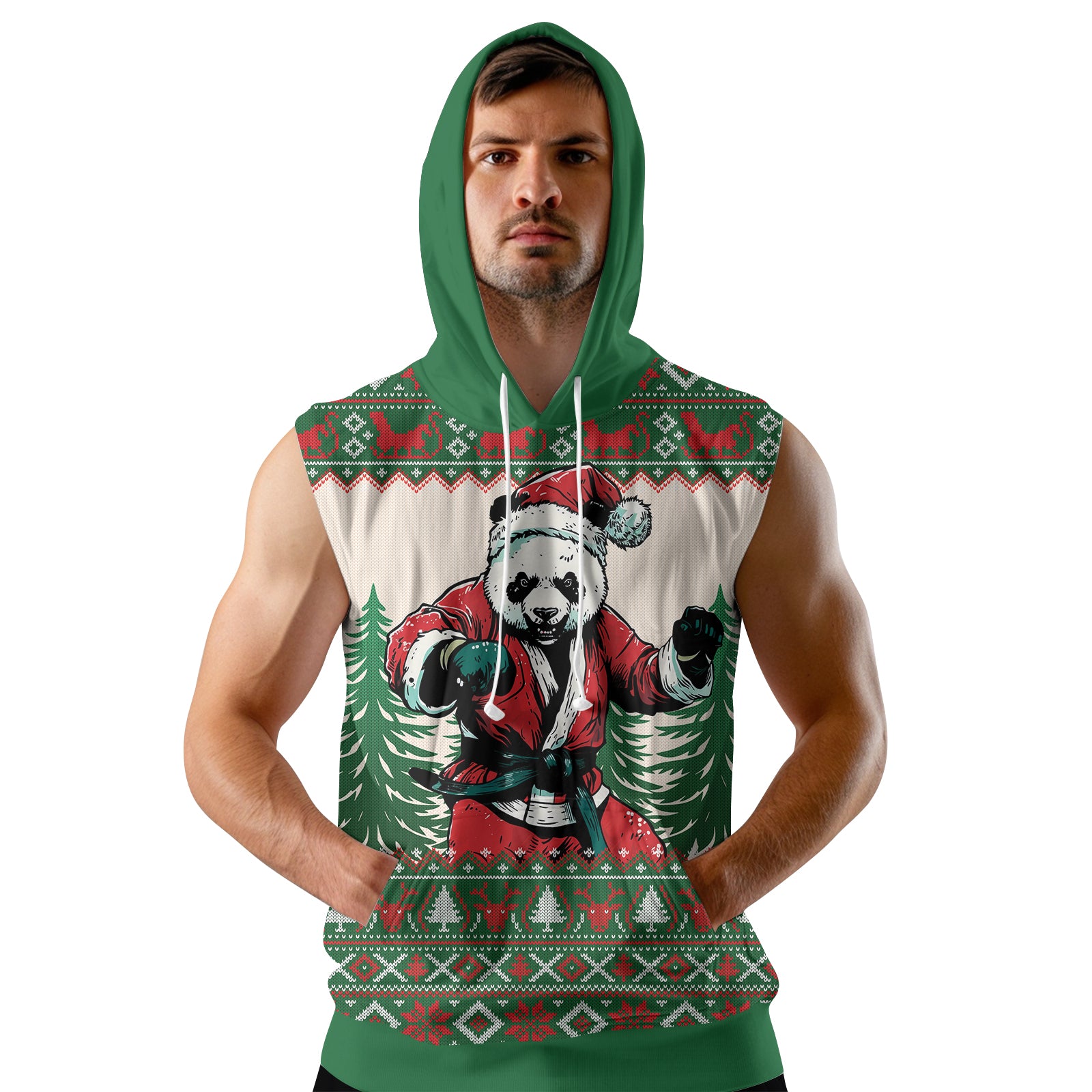 Rashninja Green Christmas Panda Kung Fu Men's Sleeveless Gym Hoodie