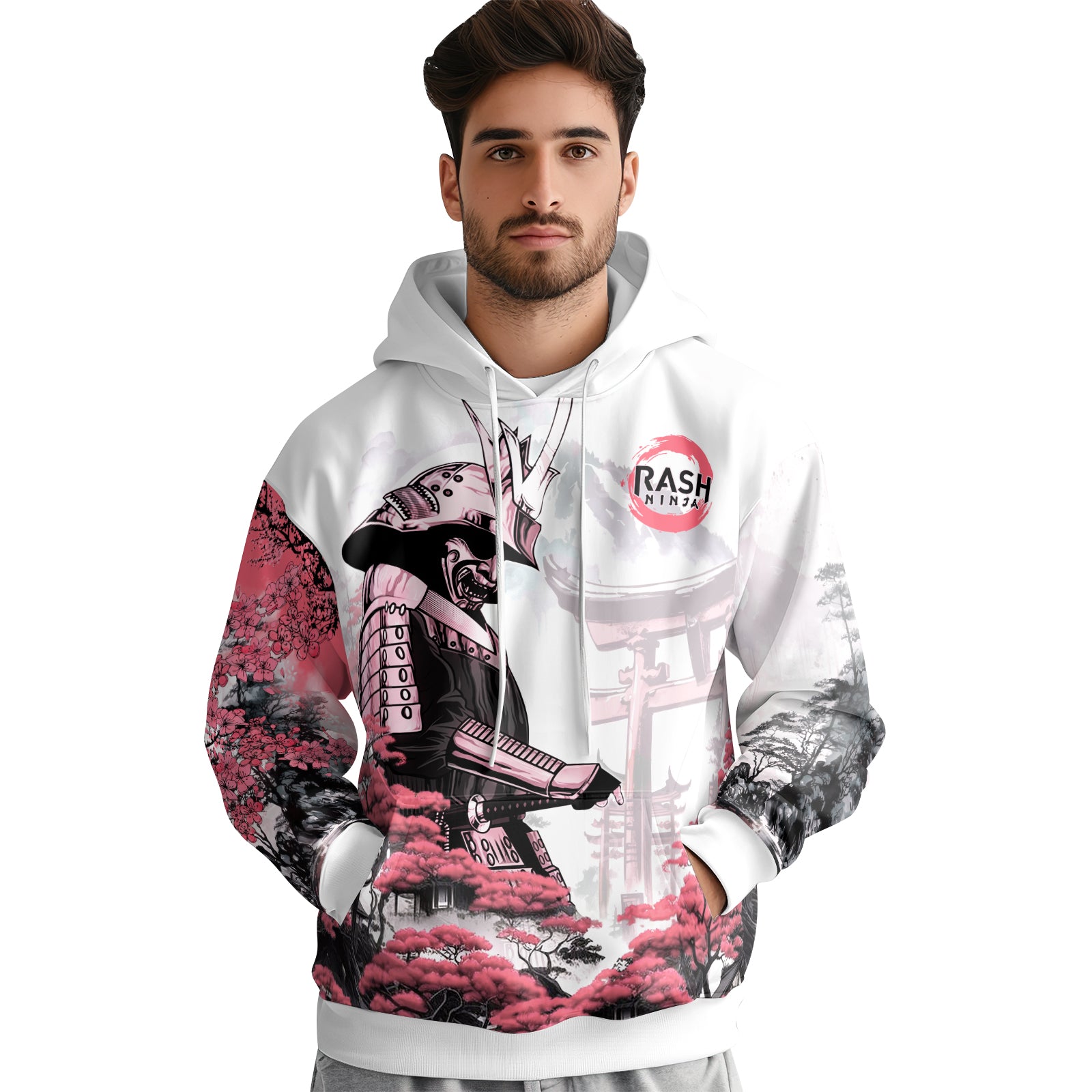 Rashninja Samurai Mask Embraced AOP Hoodie | Japanese Samurai Hoodie