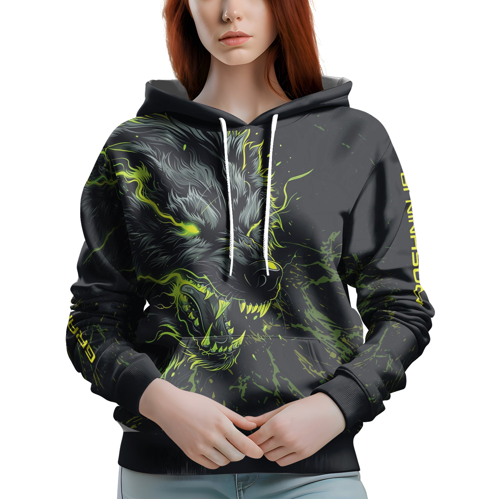 Rashninja Neon Snarling Wolf AOP Hoodie | Wolf Hoodies For Men