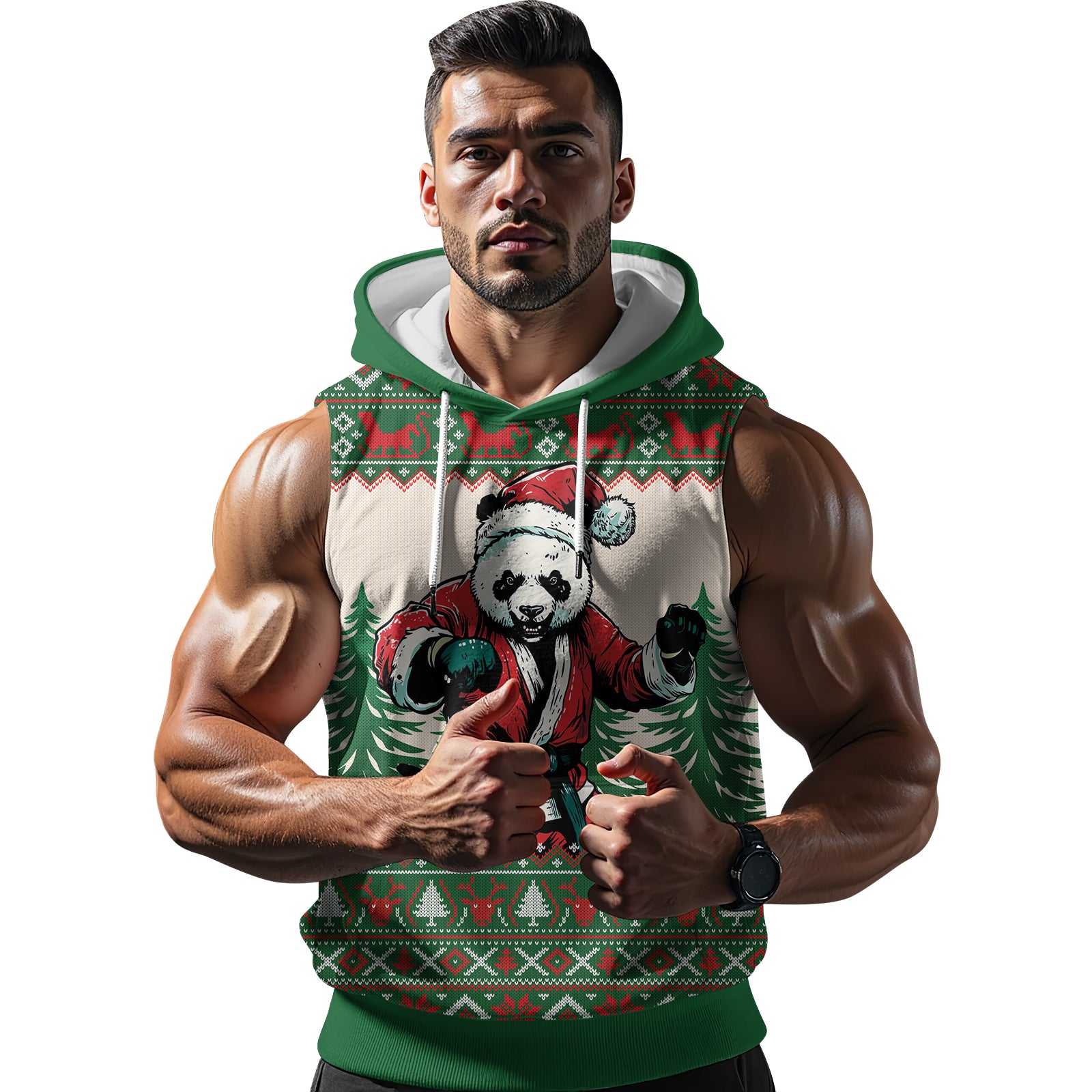 Rashninja Green Christmas Panda Kung Fu Men's Sleeveless Gym Hoodie