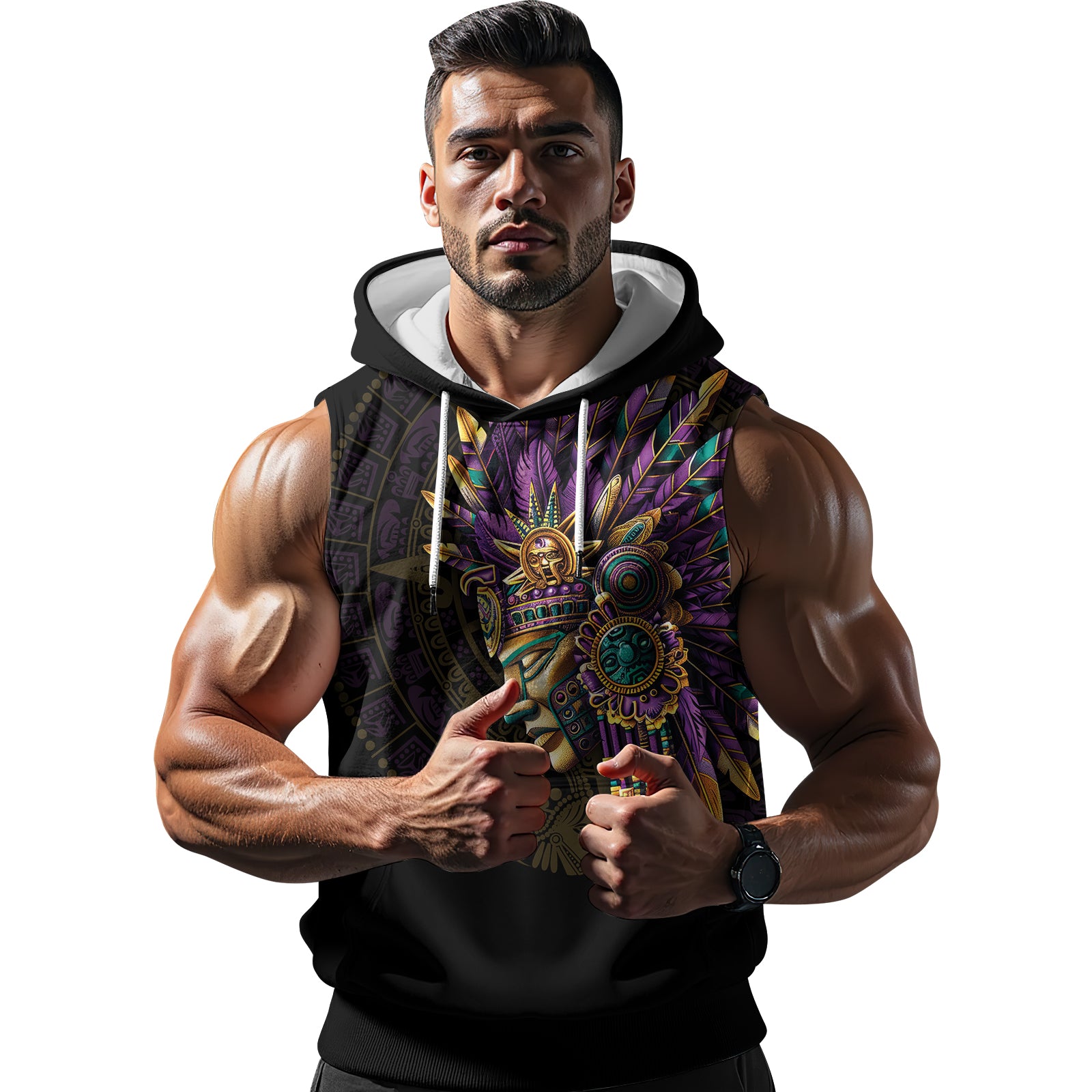 Rashninja Aztec Purple Tribe Headman Men's Sleeveless Gym Hoodie