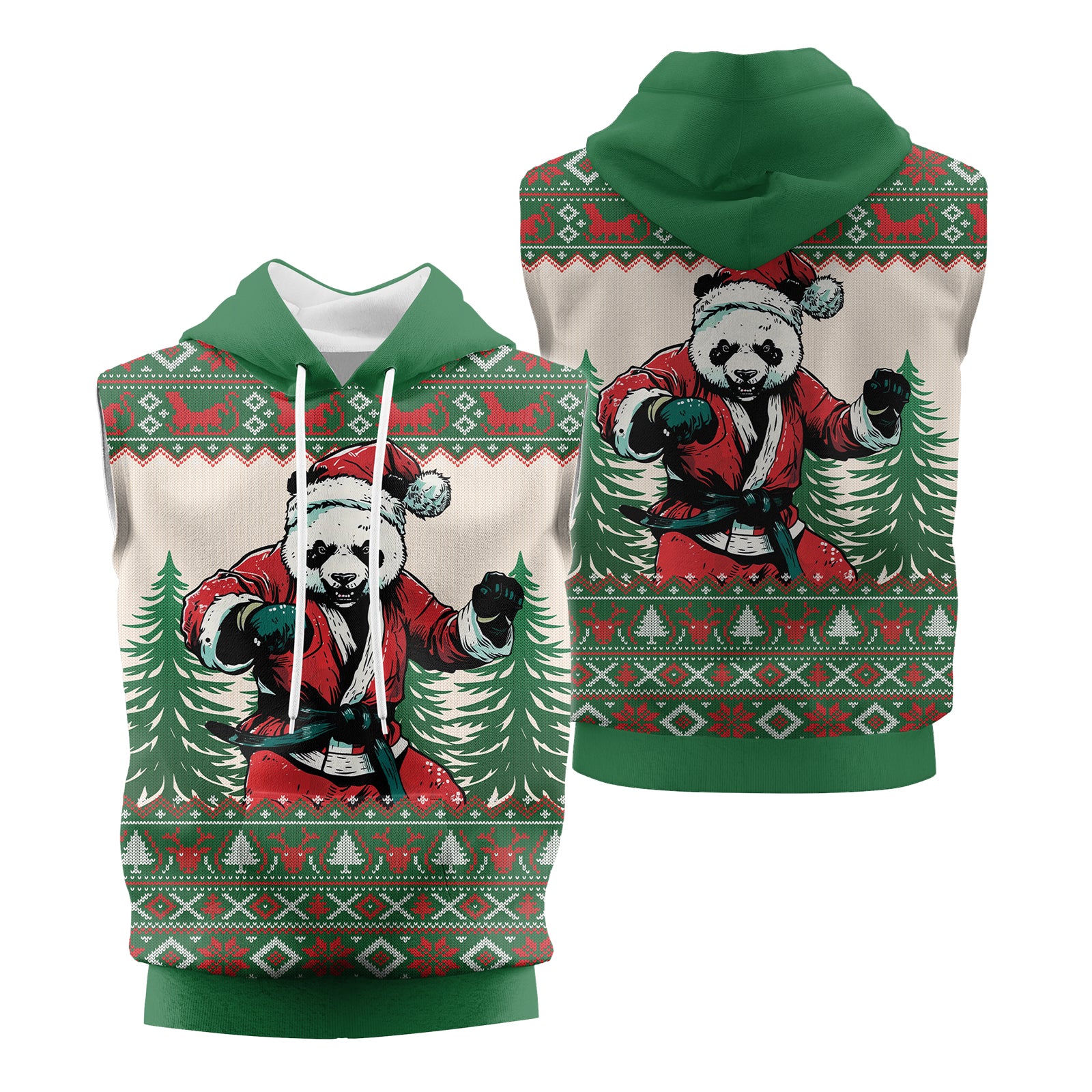 Rashninja Green Christmas Panda Kung Fu Men's Sleeveless Gym Hoodie