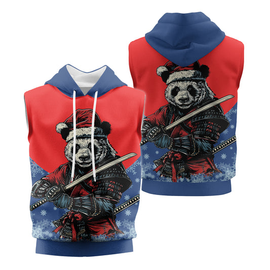 Rashninja Blue Samurai Christmas Panda Men's Sleeveless Gym Hoodie