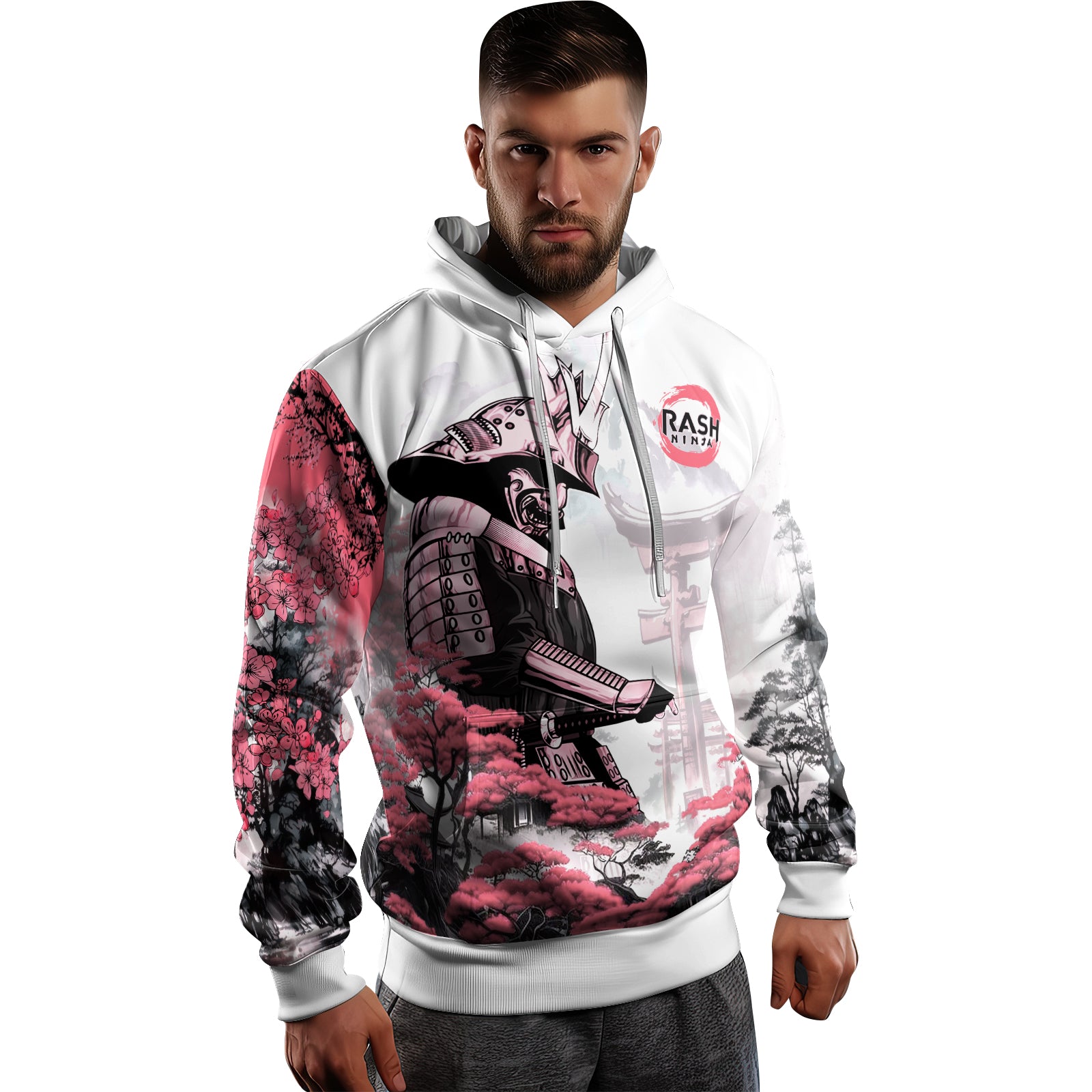 Rashninja Samurai Mask Embraced AOP Hoodie | Japanese Samurai Hoodie