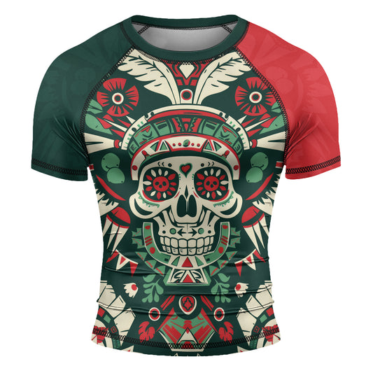 Rashninja Aztec Skull Feather Mandala Men's Short Sleeve Rash Guard