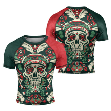 Rashninja Aztec Skull Feather Mandala Men's Short Sleeve Rash Guard