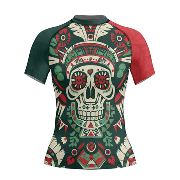Rashninja Aztec Skull Feather Mandala Women's Short Sleeve Rash Guard