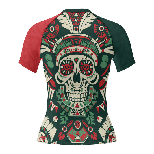 Rashninja Aztec Skull Feather Mandala Women's Short Sleeve Rash Guard