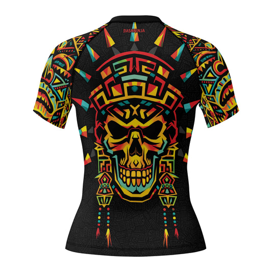 Rashninja Aztec Rainbow Skull Mask Women's Short Sleeve Rash Guard