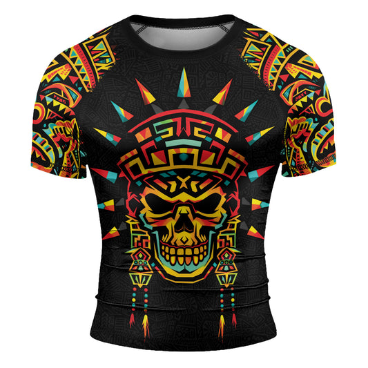 Rashninja Aztec Rainbow Skull Mask Men's Short Sleeve Rash Guard