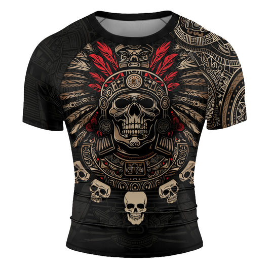 Rashninja Aztec Skull Feather Men's Short Sleeve Rash Guard