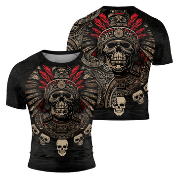 Rashninja Aztec Skull Feather Men's Short Sleeve Rash Guard