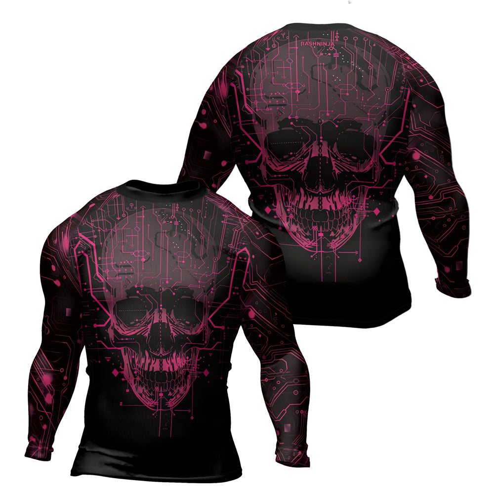 Rashninja Cyber Skull Circuit Red Men's Long Sleeve Rash Guard

