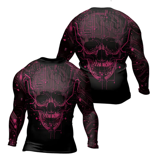 Rashninja Cyber Skull Circuit Red Men's Long Sleeve Rash Guard

