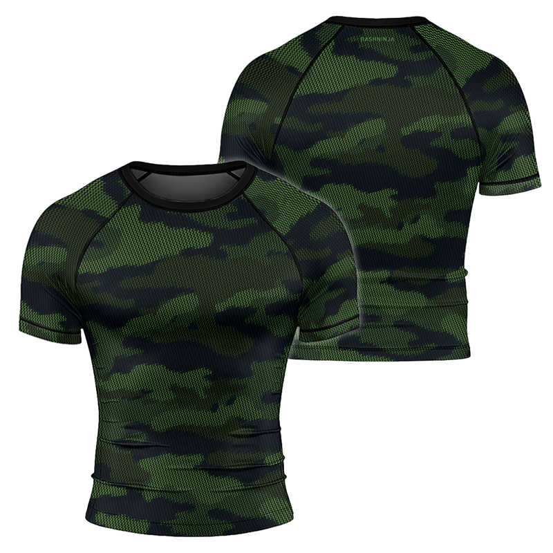 Army Green Rash Guard Rashninja Military Woodland Camouflage Men's Short Sleeve Rash Guard